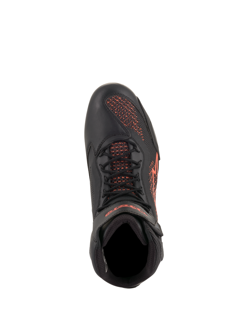 Alpinestars Faster-3 Rideknit® Schuhe, Motorradschuhe, Schwarz und fluoreszierendes Rot, Draufsicht, mit atmungsaktiven Strick-Einsätzen, Mikrofaser-Konstruktion und roten Logo-Details