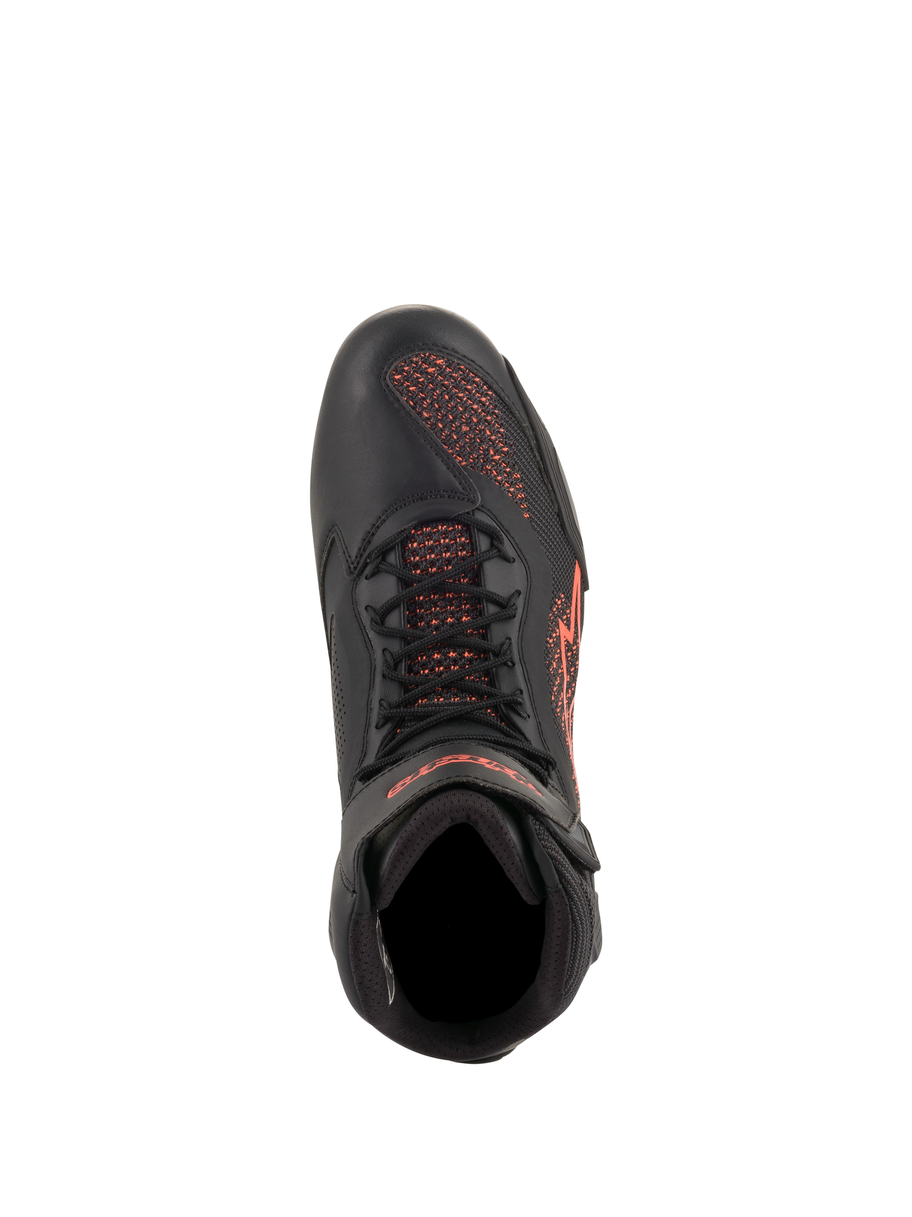Alpinestars Faster-3 Rideknit® Schuhe, Motorradschuhe, Schwarz und fluoreszierendes Rot, Draufsicht, mit atmungsaktiven Strick-Einsätzen, Mikrofaser-Konstruktion und roten Logo-Details