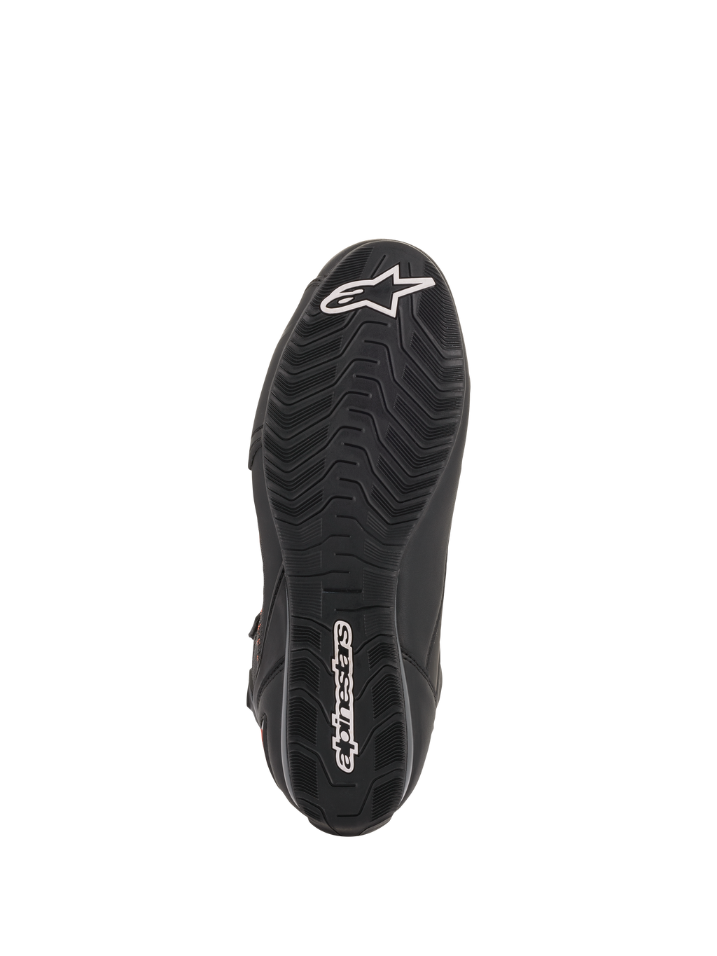 Alpinestars Faster-3 Rideknit® Schuhe, schwarze Motorradschuhe, Sohlenansicht mit texturiertem Profilmuster und weißen Alpinestars-Logos an Zehen und Ferse