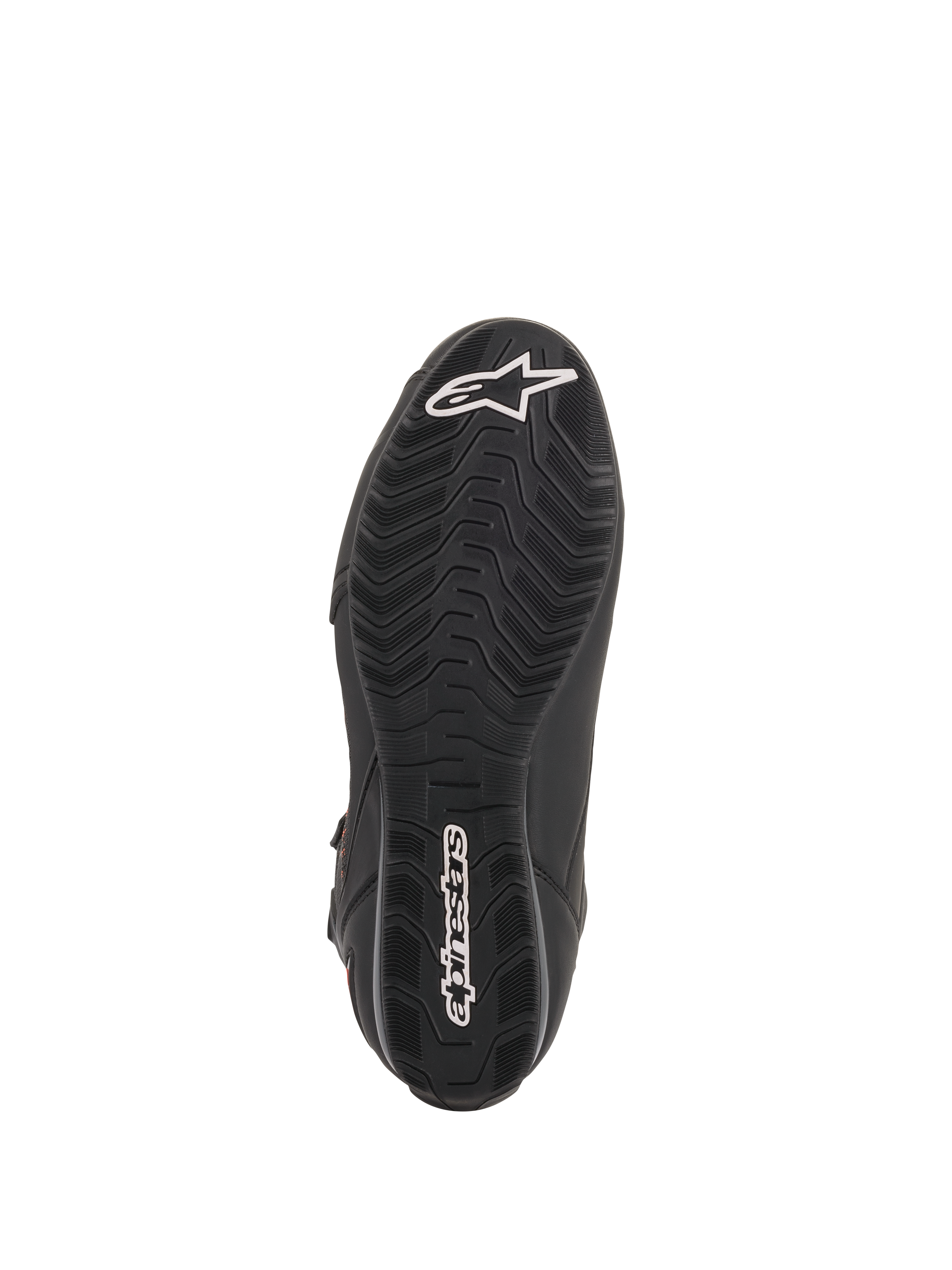 Alpinestars Faster-3 Rideknit® Schuhe, schwarze Motorradschuhe, Sohlenansicht mit texturiertem Profilmuster und weißen Alpinestars-Logos an Zehen und Ferse