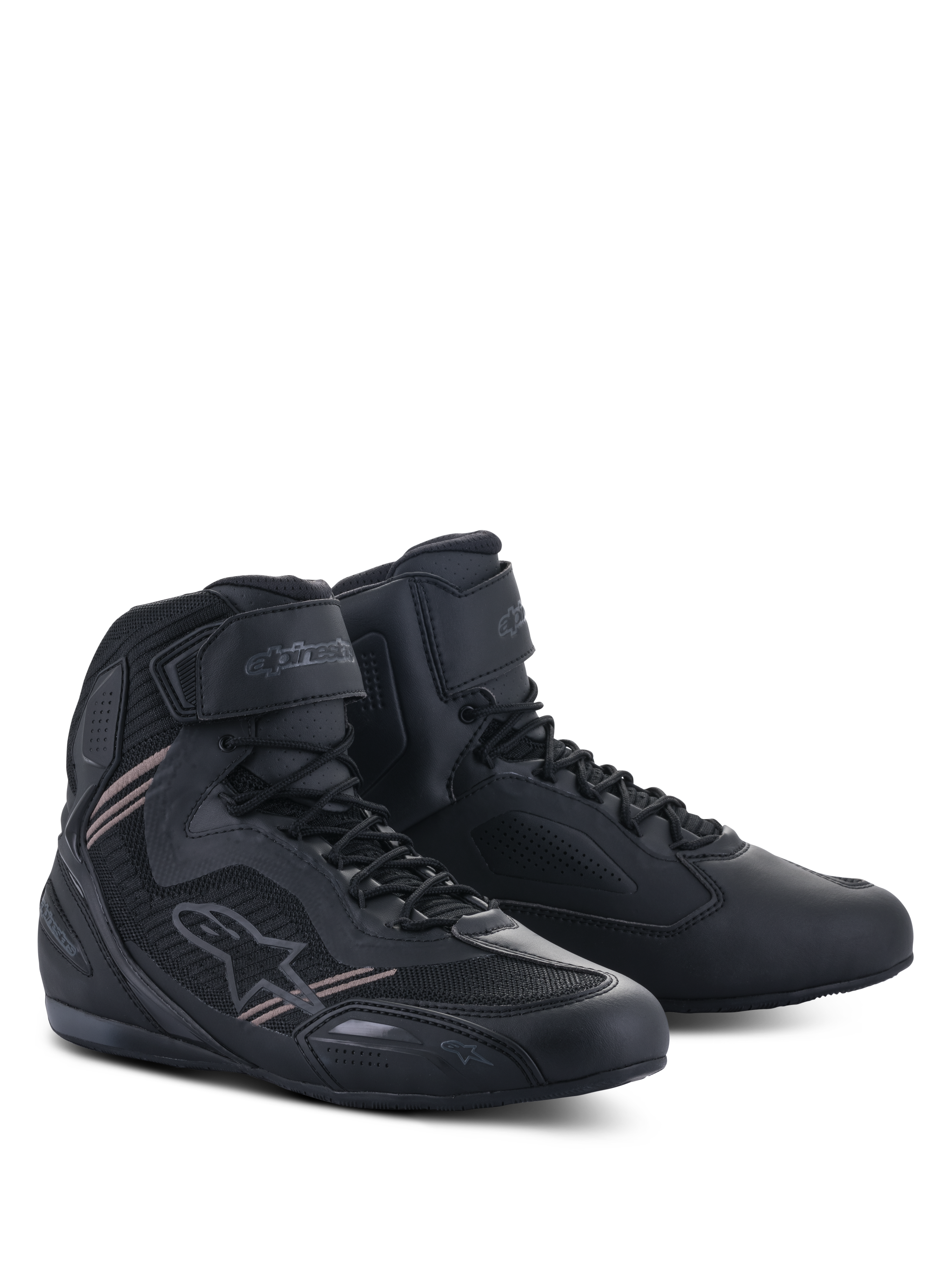 Alpinestars Faster-3 Rideknit® Schuhe, Motorradschuhe, Schwarz, mit einem leichten Obermaterial aus Mikrofaser und Mesh, Schnürverschluss mit Klettverschluss am Knöchel und schlankem Straßenrenn-Design.