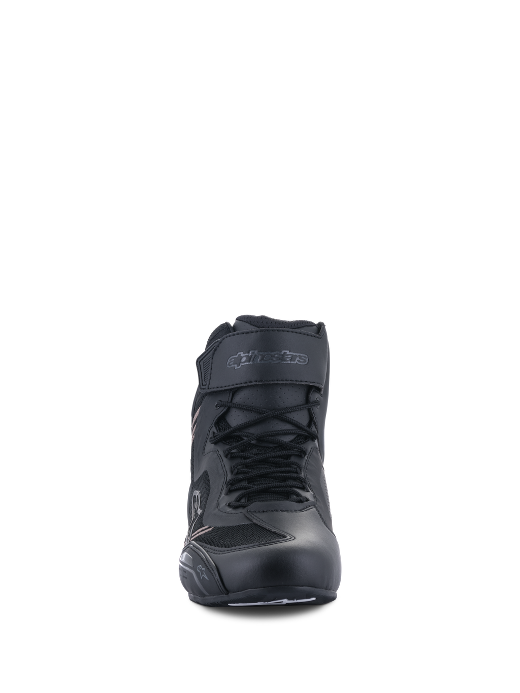 Alpinestars Faster-3 Rideknit® Schuhe, Motorradschuhe, Schwarz Schwarz, Vorderansicht mit Schnürsenkeln und Klettverschluss-Knöchelriemen, leichte Konstruktion aus Mikrofaser und Mesh