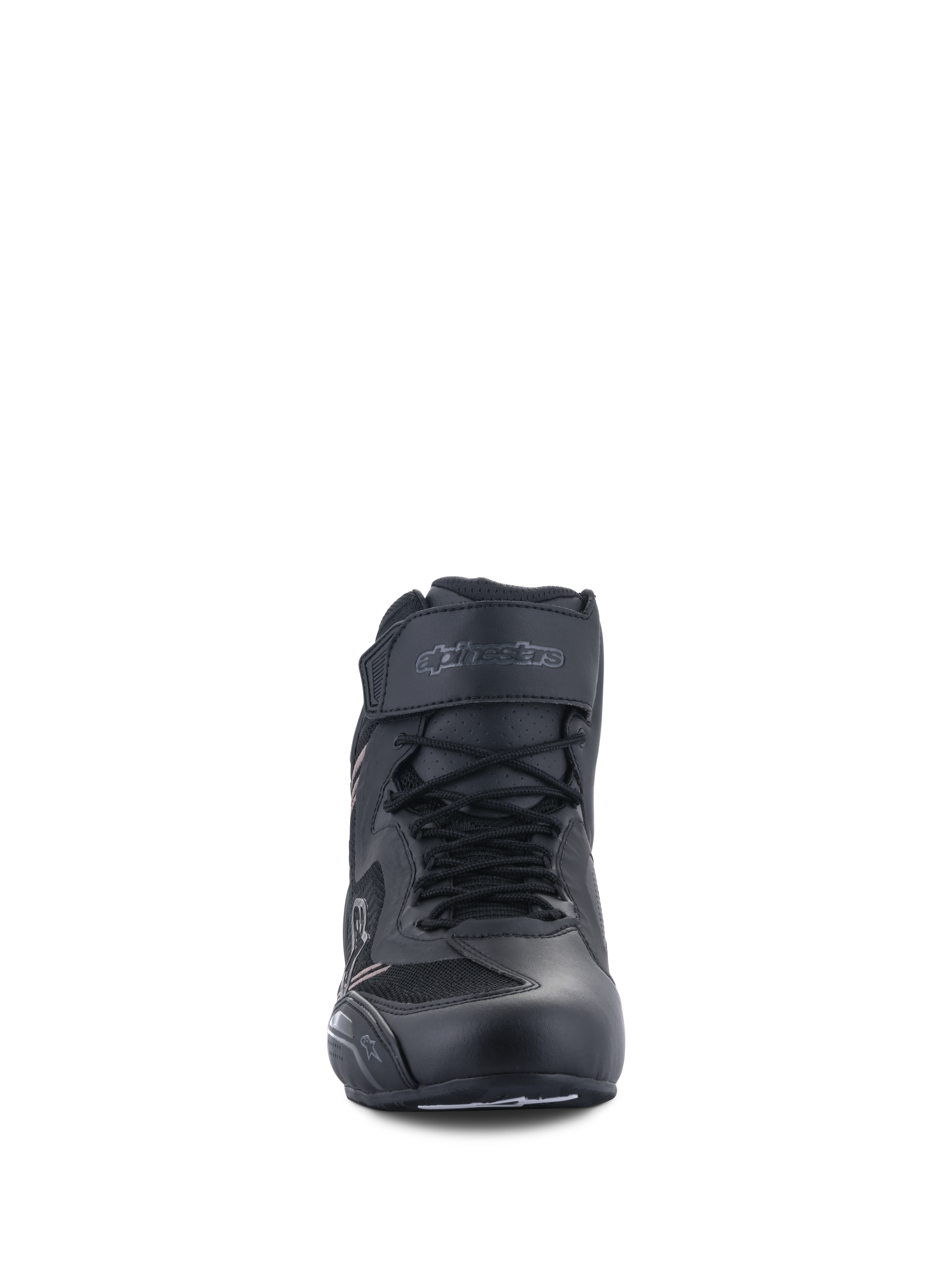 Alpinestars Faster-3 Rideknit® Schuhe, Motorradschuhe, Schwarz Schwarz, Vorderansicht mit Schnürsenkeln und Klettverschluss-Knöchelriemen, leichte Konstruktion aus Mikrofaser und Mesh