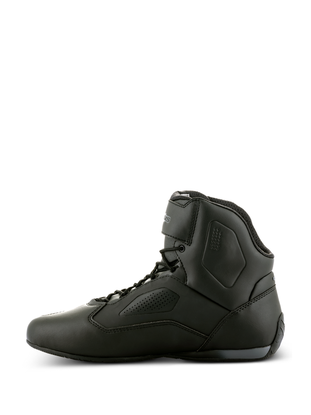 Alpinestars Faster-3 Rideknit® Schuhe, Motorradschuhe in Schwarz, Seitenansicht, schlankes Mikrofaser-Chassis mit perforierten Einsätzen, High-Top-Design mit Schnürung und Knöchelriemen, Performance-Schuhe für den Straßenrennsport