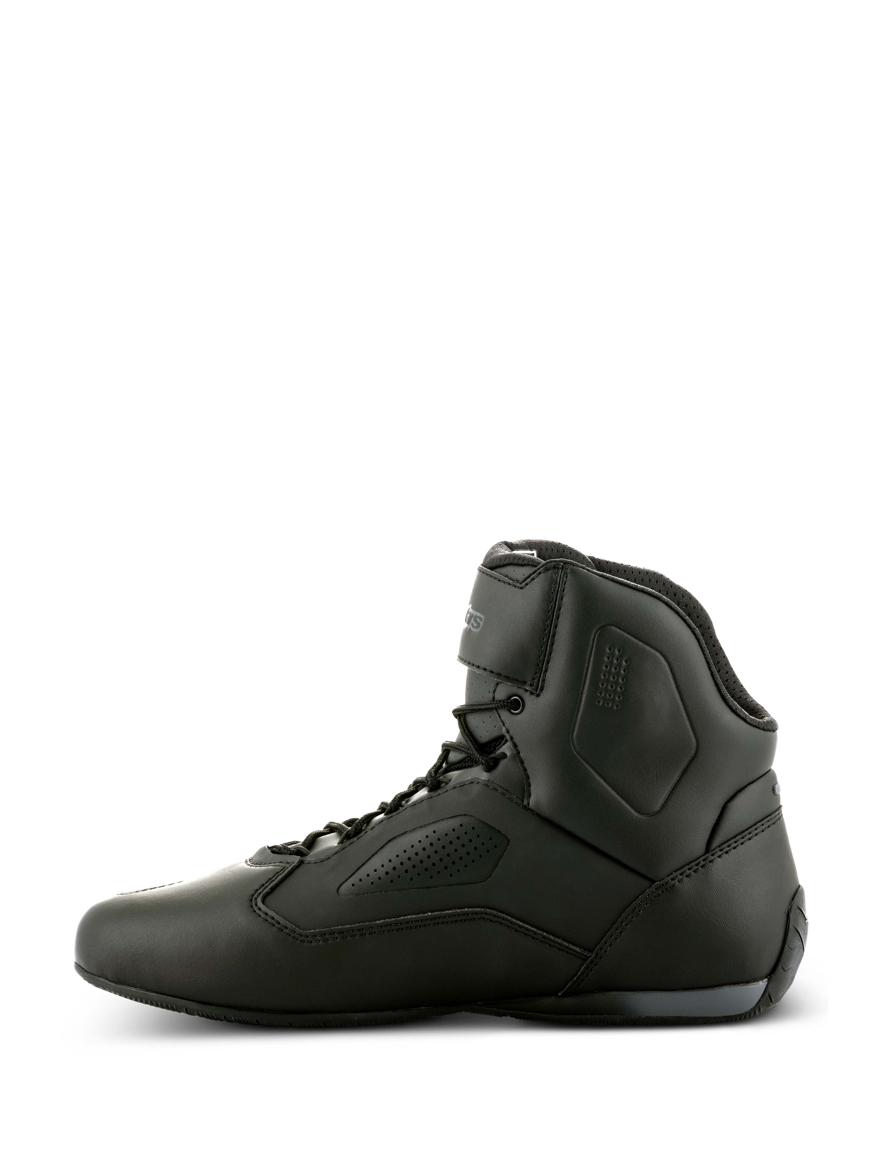 Alpinestars Faster-3 Rideknit® Schuhe, Motorradschuhe in Schwarz, Seitenansicht, schlankes Mikrofaser-Chassis mit perforierten Einsätzen, High-Top-Design mit Schnürung und Knöchelriemen, Performance-Schuhe für den Straßenrennsport
