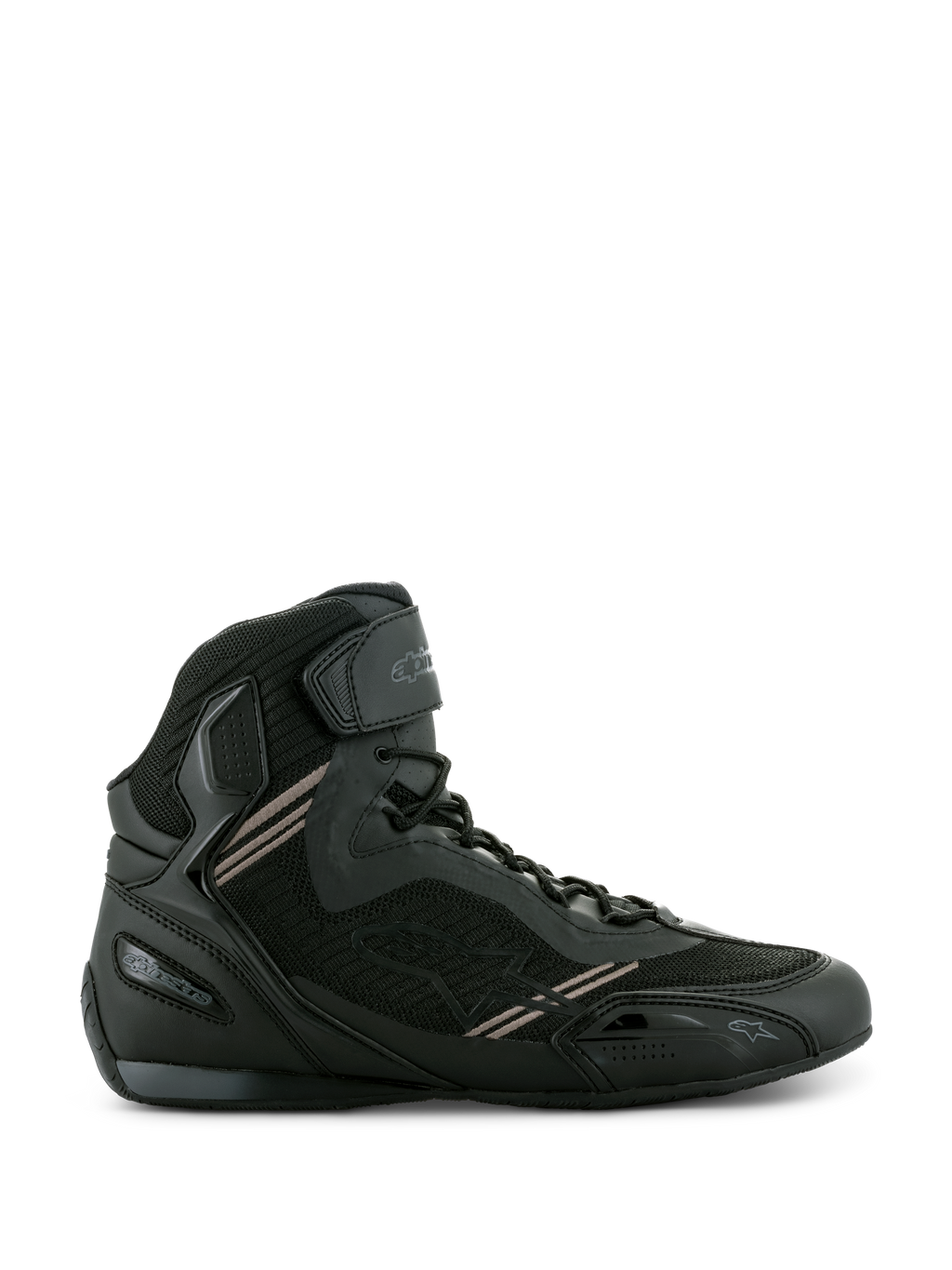 Alpinestars Faster-3 Rideknit® Schuhe, schwarze Motorrad-Sneaker, leichte Konstruktion aus Mikrofaser und atmungsaktivem Mesh, Schnürverschluss mit Klettverschluss-Riemen am Knöchel, schützendes High-Top-Design für urbane Straßenfahrten.