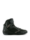 Alpinestars Faster-3 Rideknit® Schuhe, schwarze Motorrad-Sneaker, leichte Konstruktion aus Mikrofaser und atmungsaktivem Mesh, Schnürverschluss mit Klettverschluss-Riemen am Knöchel, schützendes High-Top-Design für urbane Straßenfahrten.
