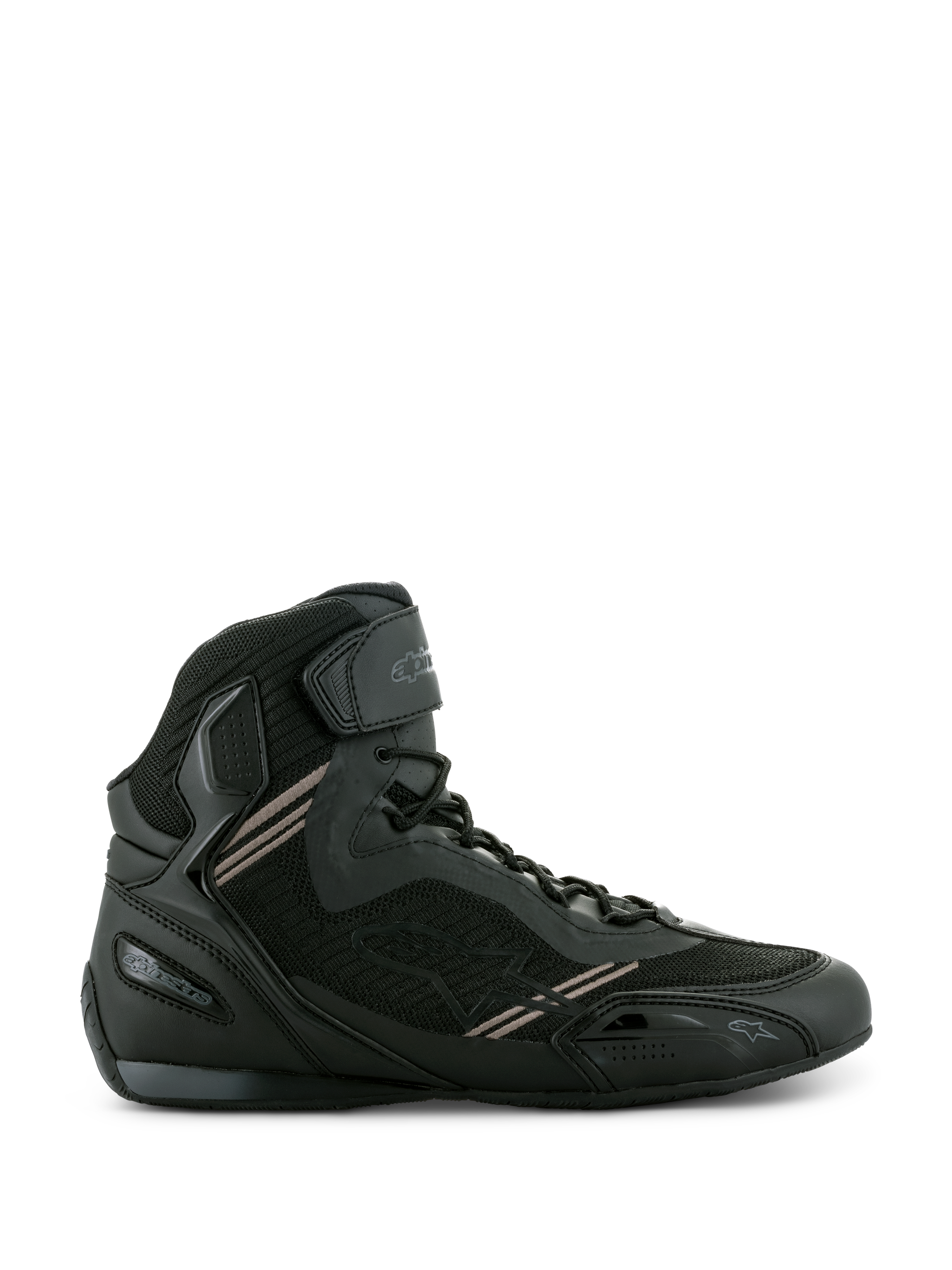 Alpinestars Faster-3 Rideknit® Schuhe, schwarze Motorrad-Sneaker, leichte Konstruktion aus Mikrofaser und atmungsaktivem Mesh, Schnürverschluss mit Klettverschluss-Riemen am Knöchel, schützendes High-Top-Design für urbane Straßenfahrten.