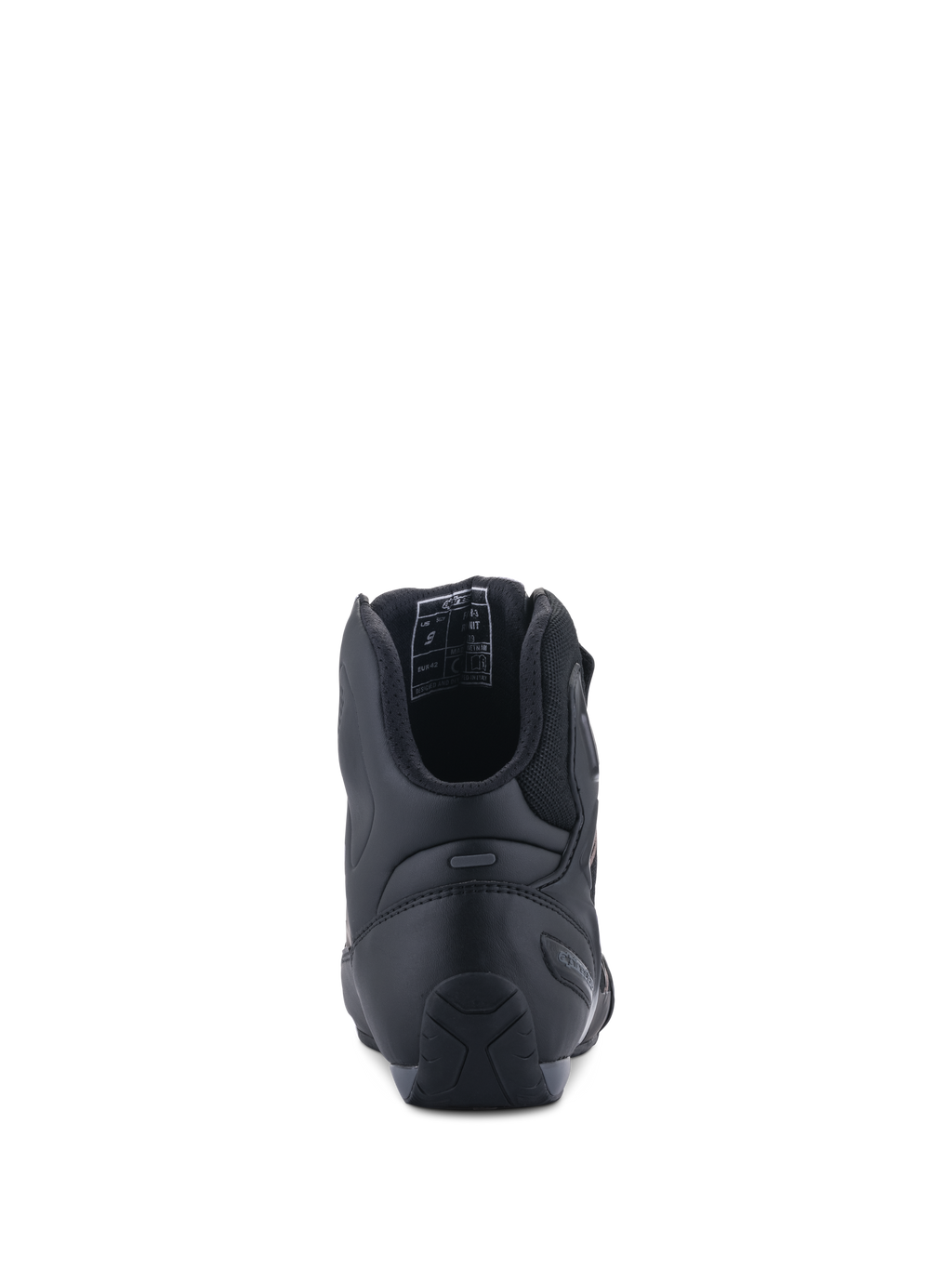 Alpinestars Faster-3 Rideknit® Schuhe, Rückansicht, Schwarz Schwarz, zeigt TPR-Fersenkappe für seitliche Unterstützung, Mikrofaser-Chassis mit atmungsaktivem Mesh-Futter, Performance-Motorradschuhe für den Straßenrennsport