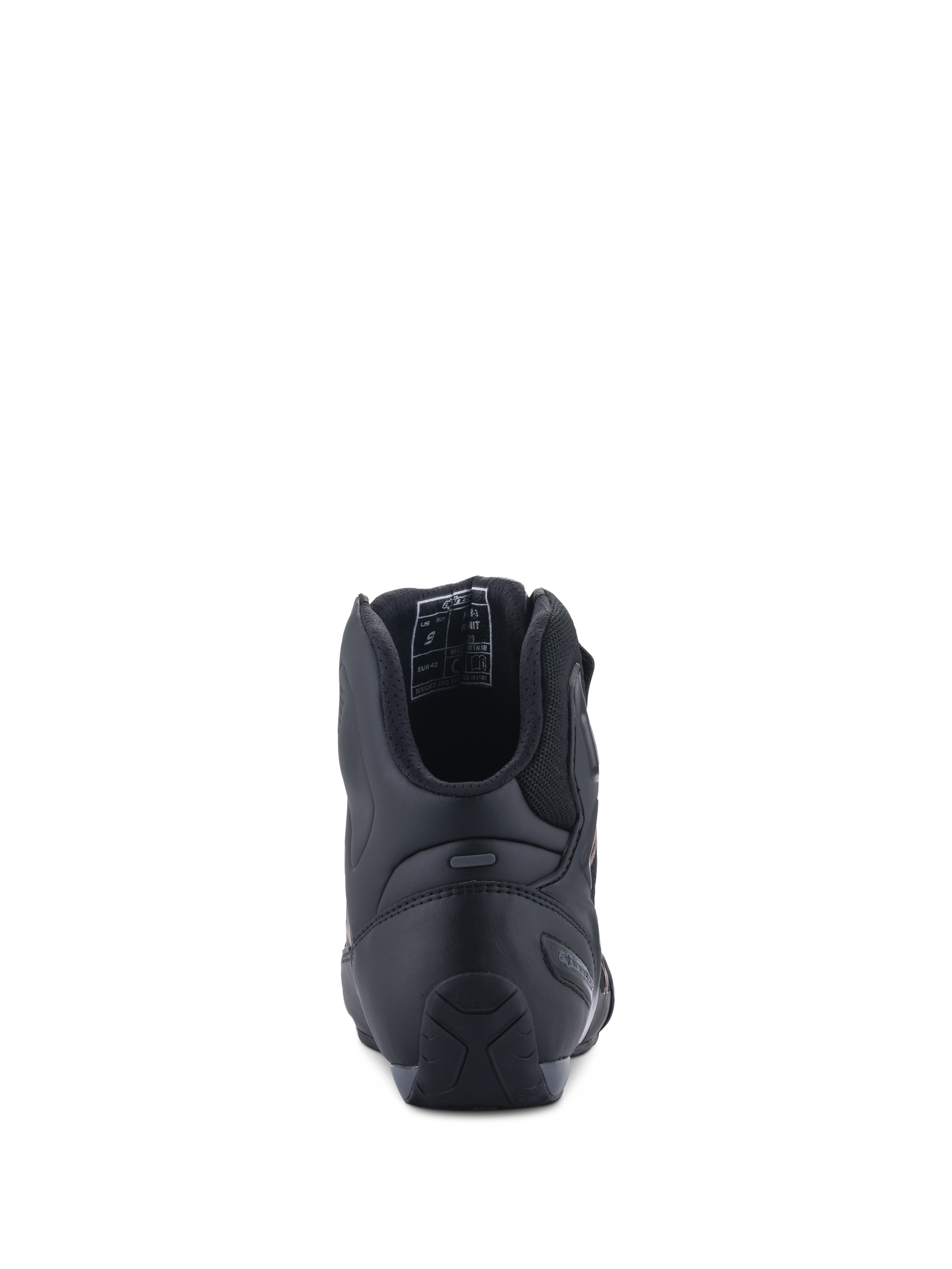 Alpinestars Faster-3 Rideknit® Schuhe, Rückansicht, Schwarz Schwarz, zeigt TPR-Fersenkappe für seitliche Unterstützung, Mikrofaser-Chassis mit atmungsaktivem Mesh-Futter, Performance-Motorradschuhe für den Straßenrennsport