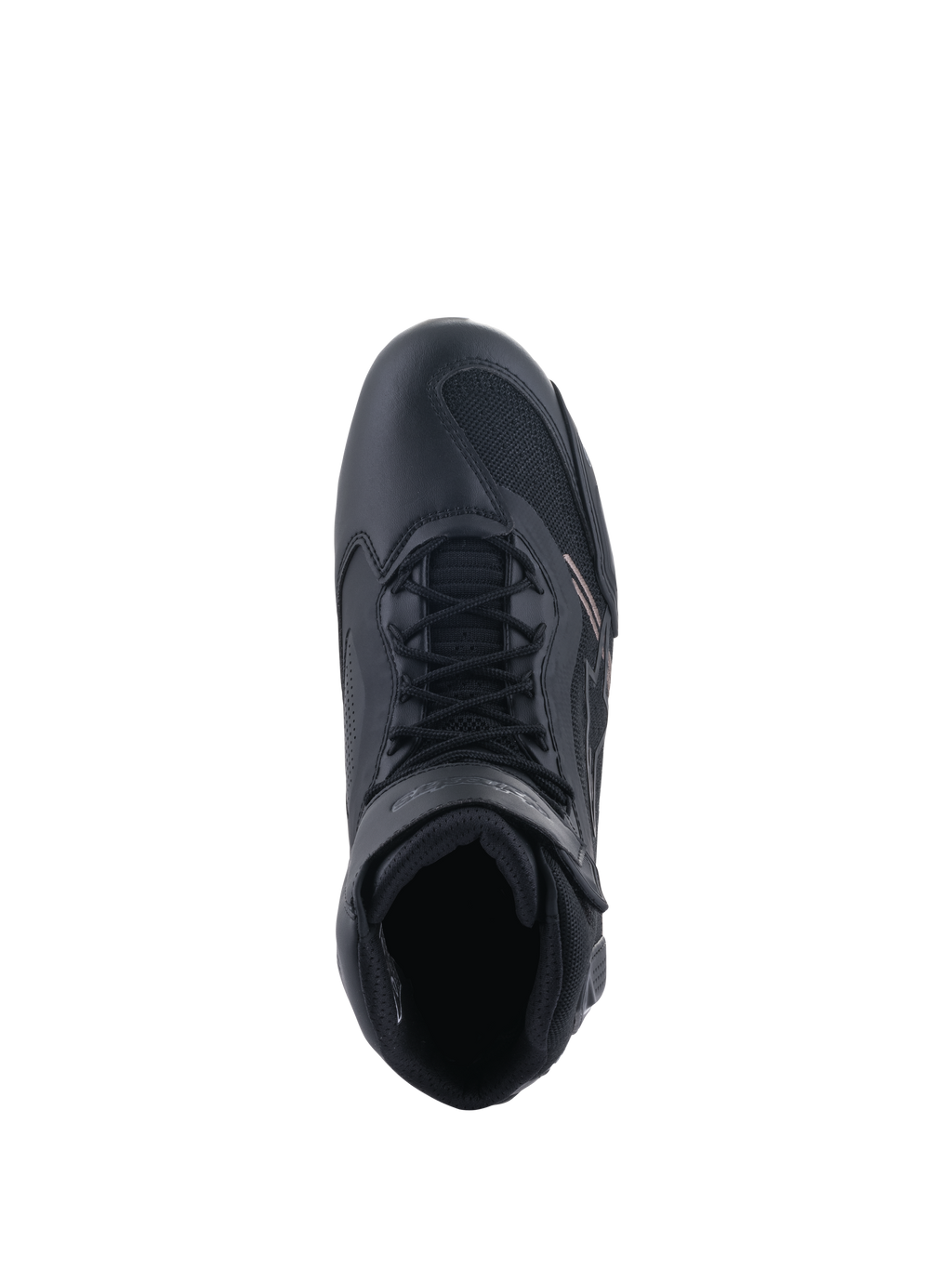 Alpinestars Faster-3 Rideknit® Schuhe, Motorradschuhe, Schwarz, Draufsicht zeigt das Schnürsystem und den Knöchelriemen, Materialkombination aus atmungsaktivem Mesh und Mikrofaser, sportliches Design für Performance-Straßenfahrten