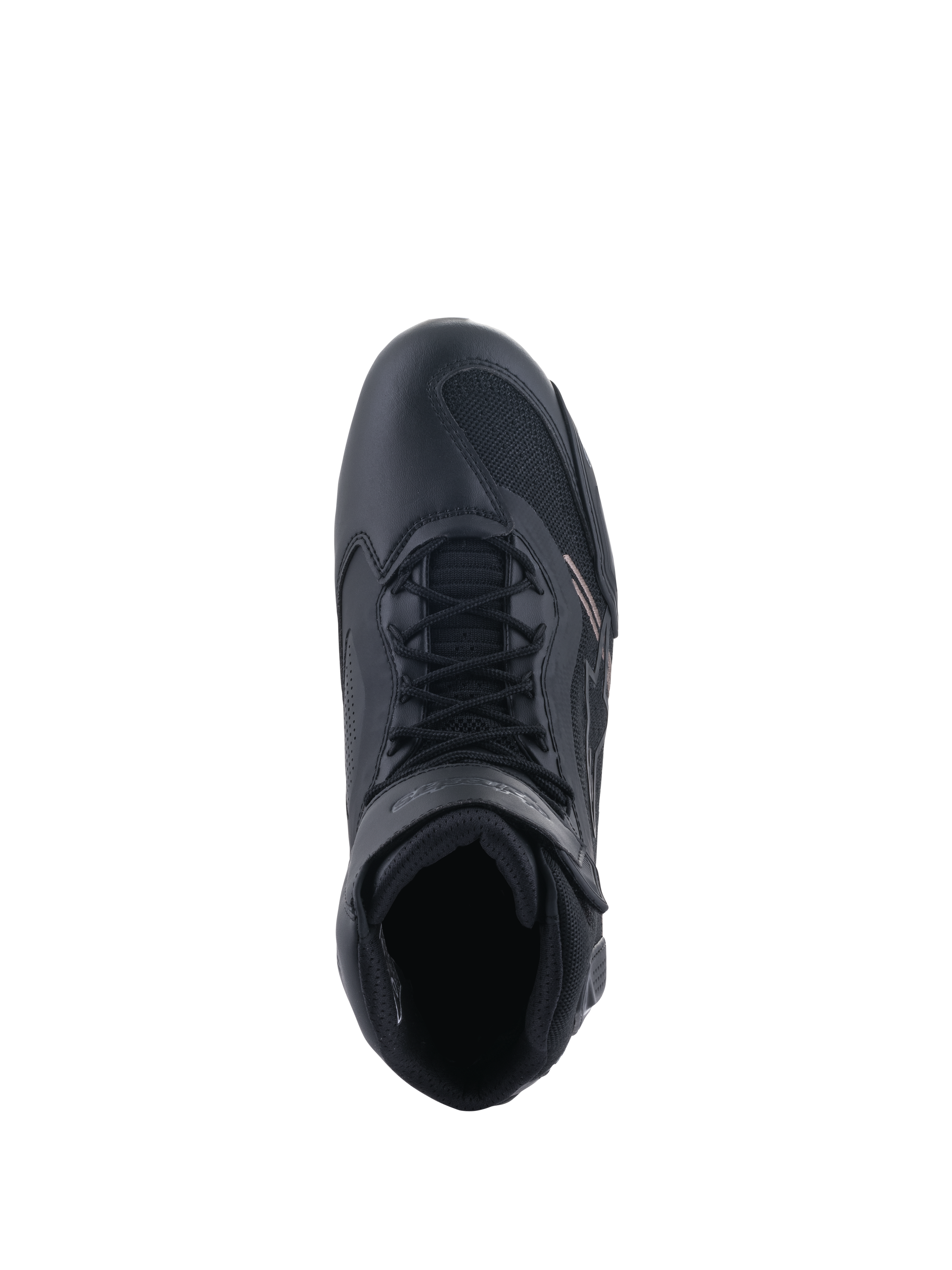 Alpinestars Faster-3 Rideknit® Schuhe, Motorradschuhe, Schwarz, Draufsicht zeigt das Schnürsystem und den Knöchelriemen, Materialkombination aus atmungsaktivem Mesh und Mikrofaser, sportliches Design für Performance-Straßenfahrten