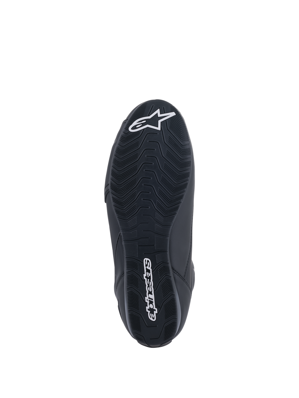 Alpinestars Faster-3 Rideknit® Schuhe, Motorradschuhe, Schwarz, Unteransicht der Sohle mit strukturiertem Profil, weißem Alpinestars-Schriftzug und Stern-Logo, entwickelt für Performance im Straßenrennsport