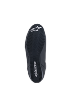 Alpinestars Faster-3 Rideknit® Schuhe, Motorradschuhe, Schwarz, Unteransicht der Sohle mit strukturiertem Profil, weißem Alpinestars-Schriftzug und Stern-Logo, entwickelt für Performance im Straßenrennsport