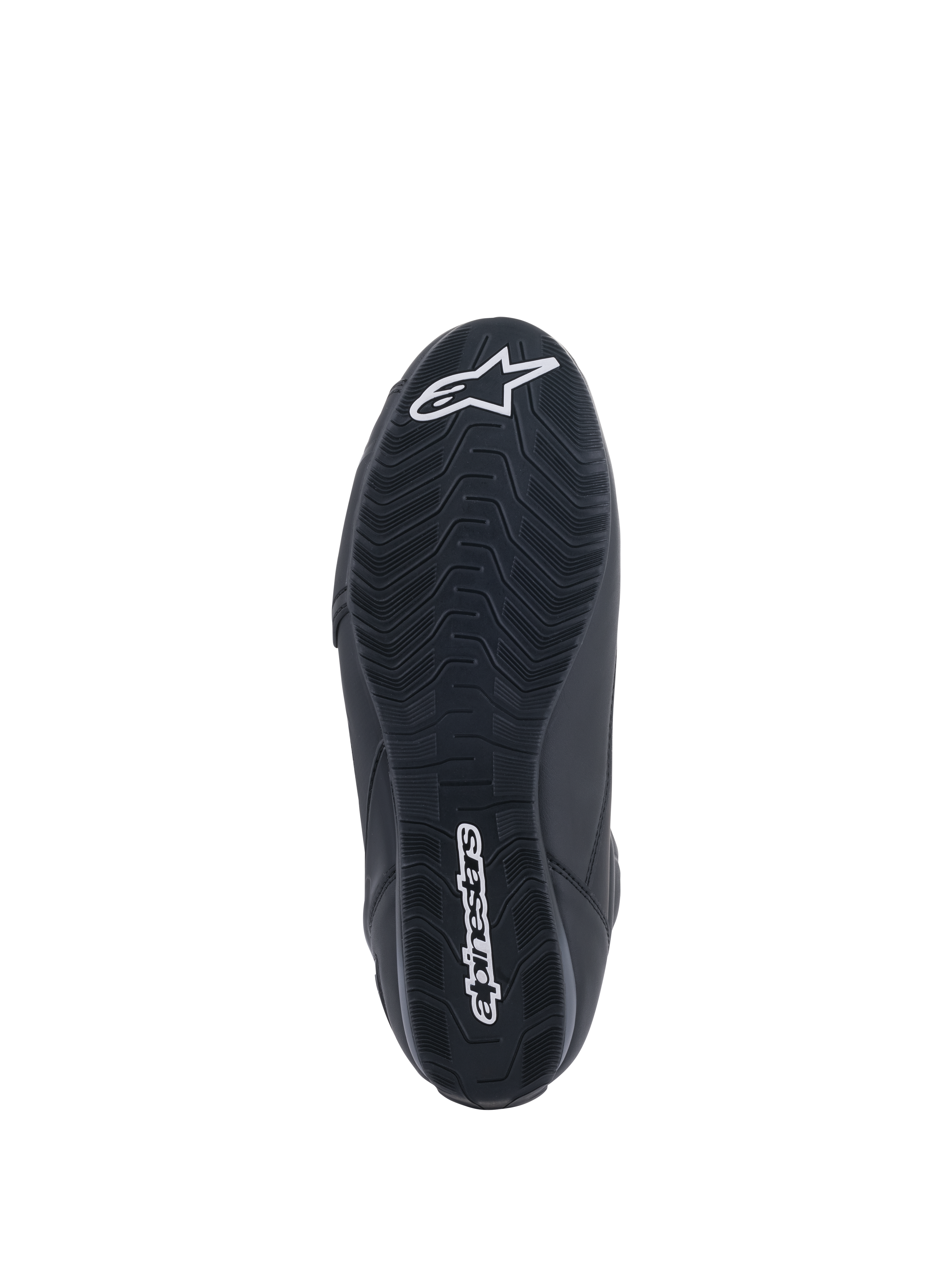 Alpinestars Faster-3 Rideknit® Schuhe, Motorradschuhe, Schwarz, Unteransicht der Sohle mit strukturiertem Profil, weißem Alpinestars-Schriftzug und Stern-Logo, entwickelt für Performance im Straßenrennsport