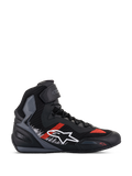 Alpinestars Faster-3 Rideknit Schuhe, Motorrad-Sneaker, Schwarz mit grauen und leuchtend roten Akzenten, High-Top-Design mit weißem Stern-Logo, atmungsaktive Strickkonstruktion, Knöchelriemen, graue texturierte Einsätze, schwarz-graue Sohle