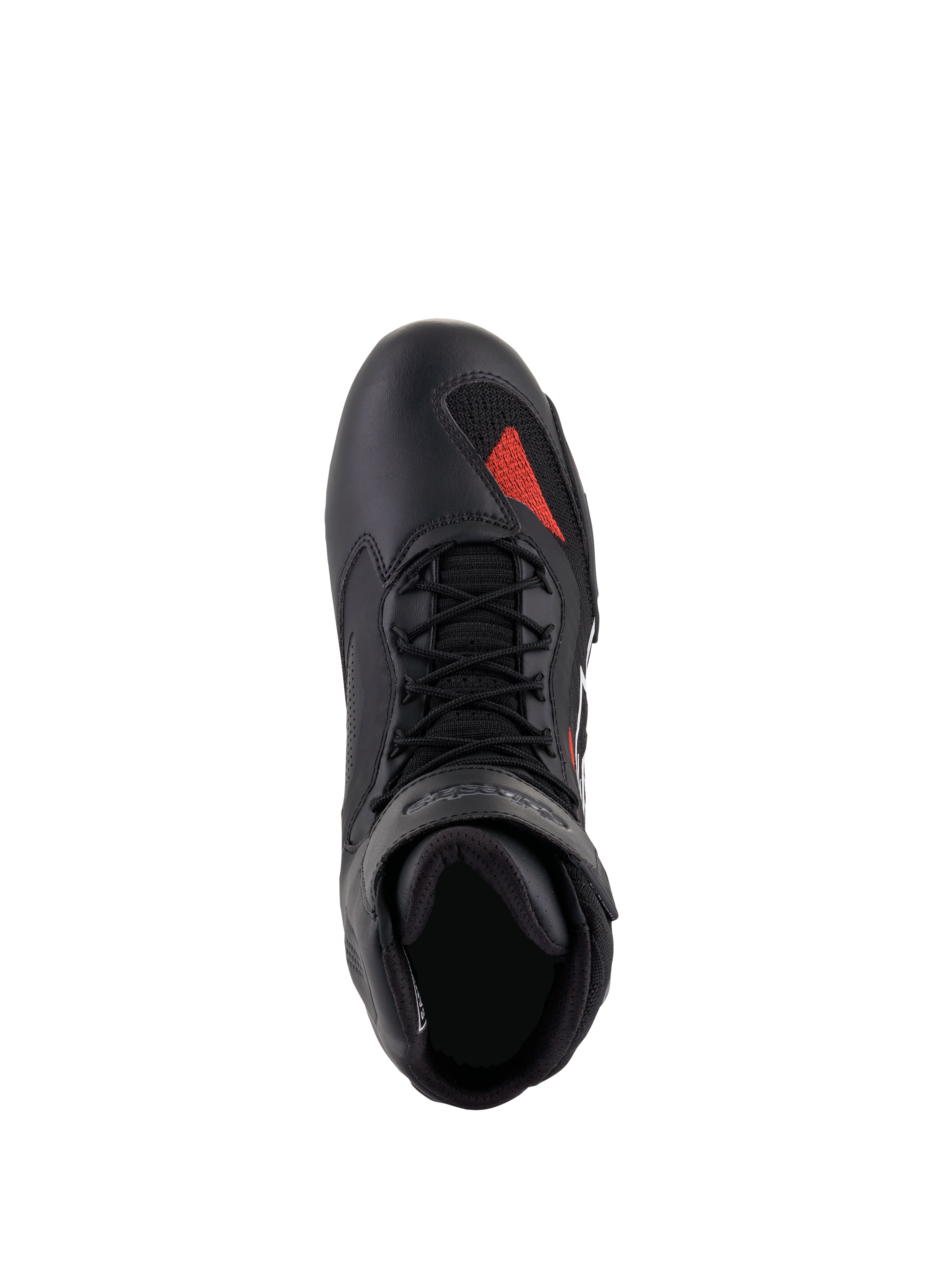 Alpinestars Faster-3 Rideknit® Schuhe, Schwarz Grau Hellrot, Draufsicht, mit schwarzem Mikrofaser-Chassis und rotem Strick-Akzent im Zehenbereich, schwarzen Schnürsenkeln und gepolstertem Kragen, technische Motorradschuhe