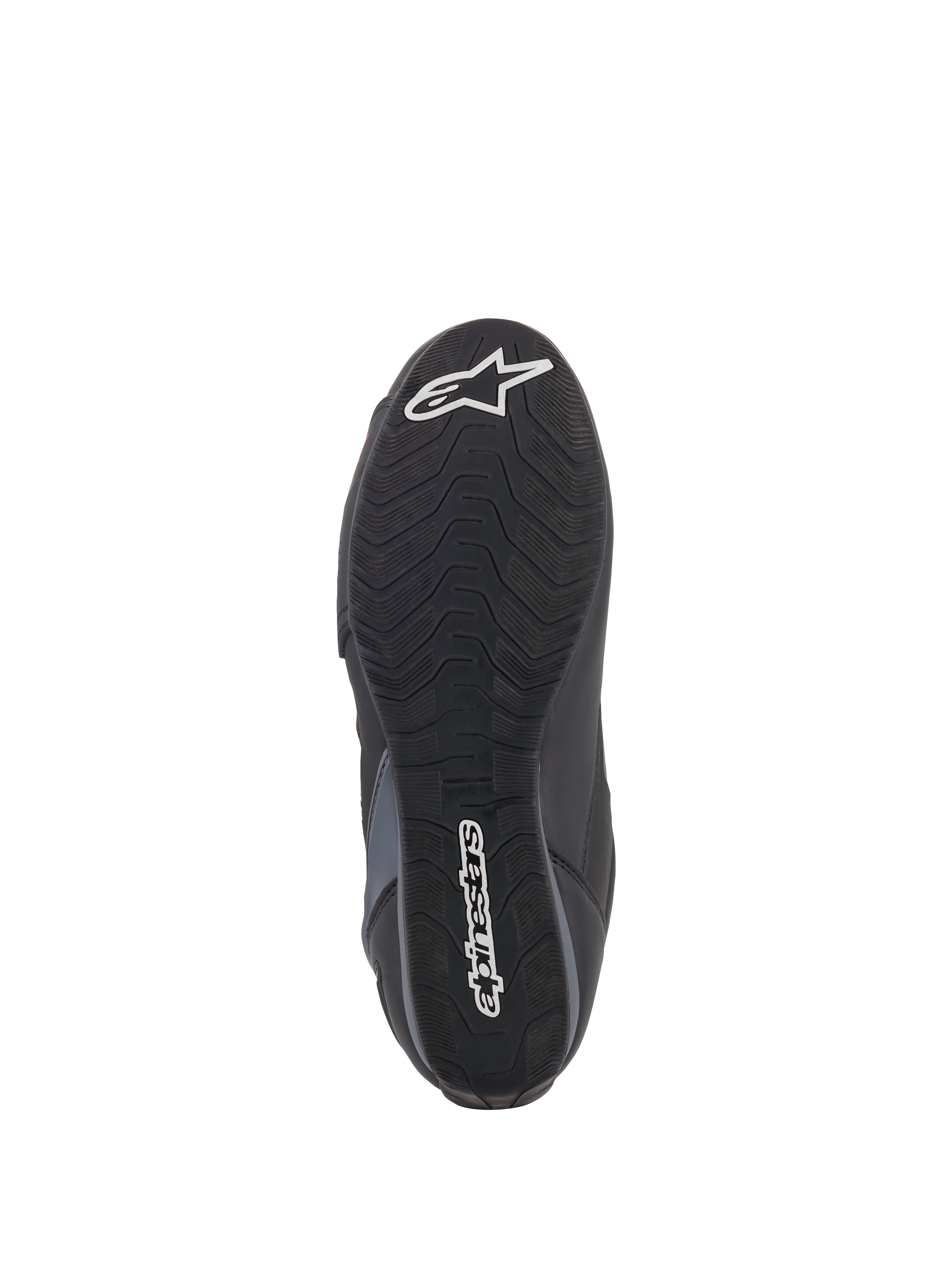 Alpinestars Faster-3 Rideknit® Schuhe, Sohlenansicht, schwarze Gummiaußensohle mit wellenförmigem Traktionsmuster, mit weißem Alpinestars-Schriftzug und Stern-Logo, zeigt Grip-Details für das Motorradfahren
