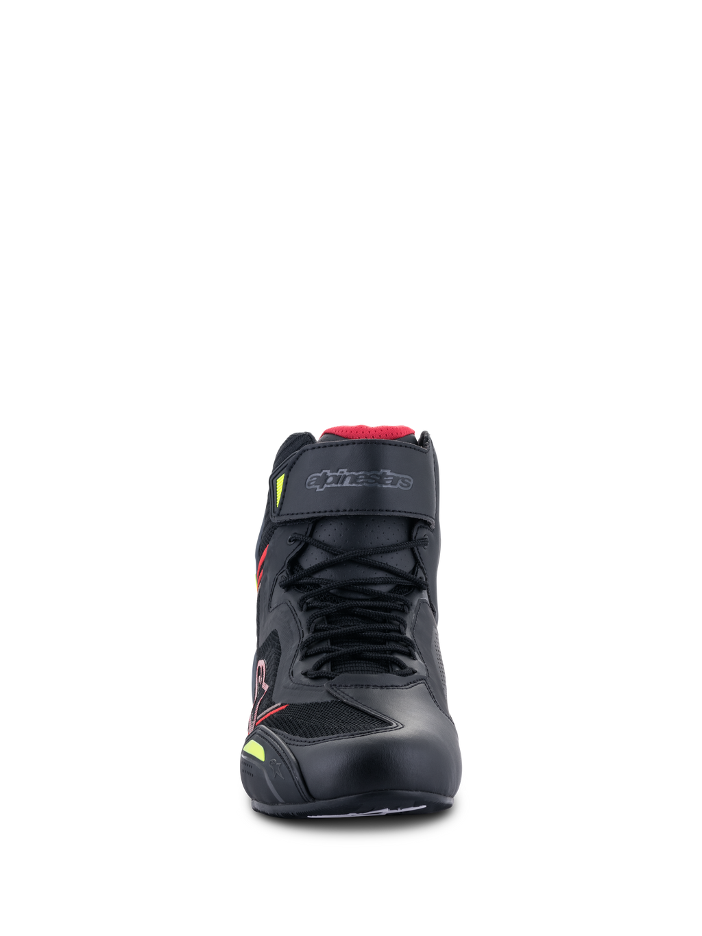 Alpinestars Faster-3 Rideknit® Schuhe, Motorradschuhe, Schwarz mit roten und gelben Fluo-Akzenten, Vorderansicht mit Schnürsenkeln, einem Klettverschluss am Knöchel und atmungsaktiven Strick-Einsätzen mit rotem Innenfutter