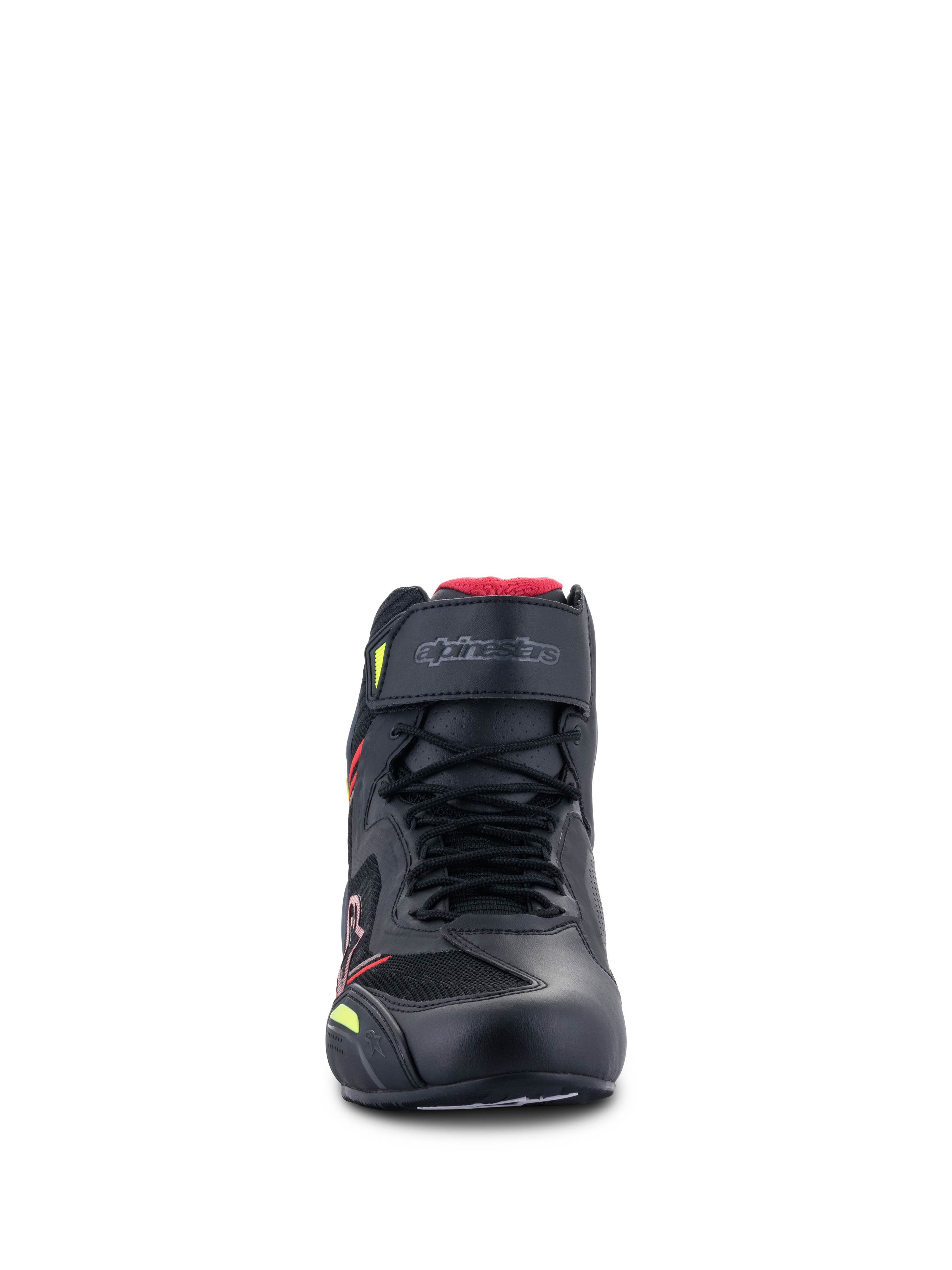 Alpinestars Faster-3 Rideknit® Schuhe, Motorradschuhe, Schwarz mit roten und gelben Fluo-Akzenten, Vorderansicht mit Schnürsenkeln, einem Klettverschluss am Knöchel und atmungsaktiven Strick-Einsätzen mit rotem Innenfutter