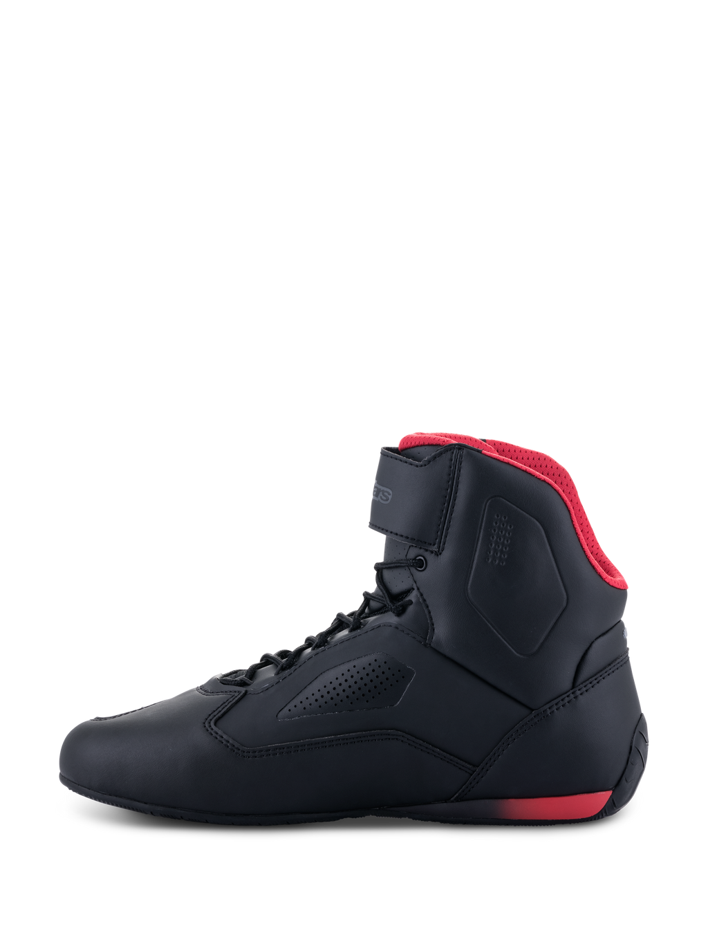 Alpinestars Faster-3 Rideknit® Schuhe, Motorradschuhe, Schwarz und Rot, Seitenansicht, mit rotem Mesh-Futter, Knöchelriemen und perforiertem Mikrofaser-Chassis