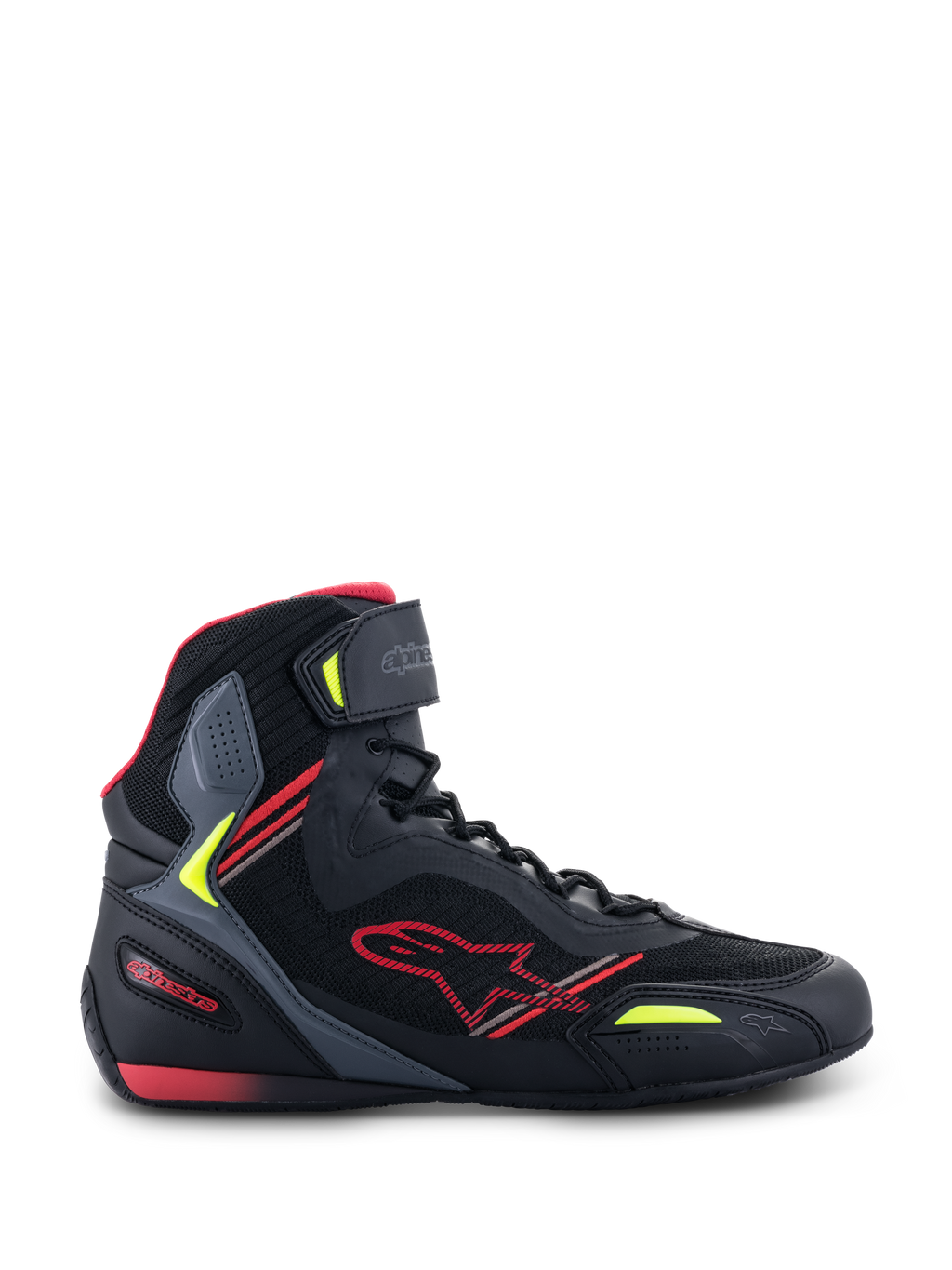 Alpinestars Faster-3 Rideknit® Schuhe, Motorradschuhe, Schwarz mit roten und neongelben Akzenten, Seitenprofil mit atmungsaktiver Mesh- und Mikrofaser-Konstruktion, High-Top-Design mit rotem Stern-Logo und verstellbarem Knöchelriemen