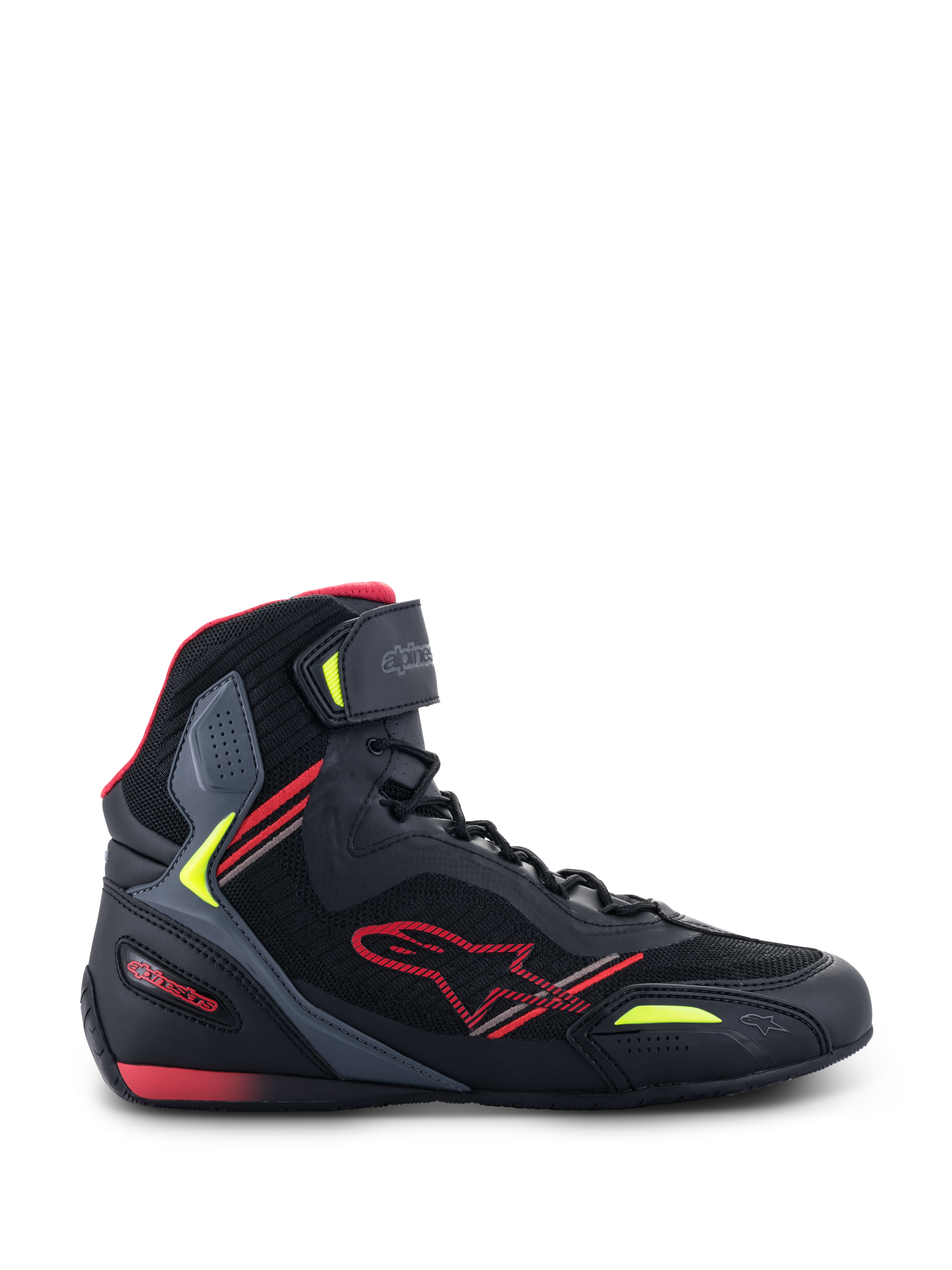 Alpinestars Faster-3 Rideknit® Schuhe, Motorradschuhe, Schwarz mit roten und neongelben Akzenten, Seitenprofil mit atmungsaktiver Mesh- und Mikrofaser-Konstruktion, High-Top-Design mit rotem Stern-Logo und verstellbarem Knöchelriemen