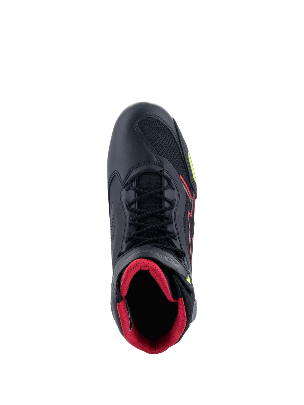 Alpinestars Faster-3 Rideknit® Schuhe, Draufsicht auf einen schwarzen Motorradschuh, mit rotem Innenfutter, schwarzen Schnürsenkeln, atmungsaktiven Strick-Einsätzen sowie roten und gelb fluoreszierenden Akzenten, leichtes Sportschuhwerk zum Fahren