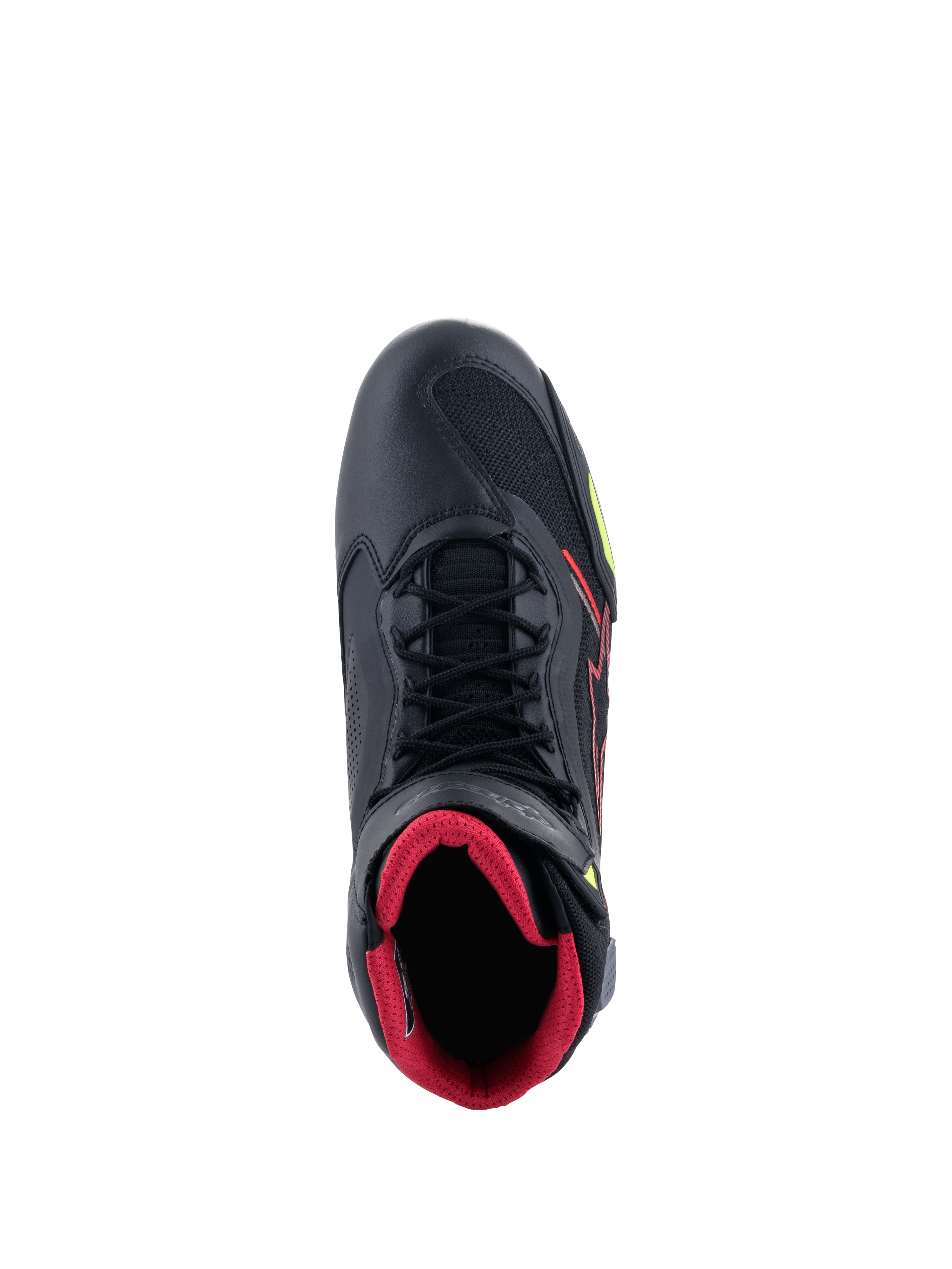 Alpinestars Faster-3 Rideknit® Schuhe, Draufsicht auf einen schwarzen Motorradschuh, mit rotem Innenfutter, schwarzen Schnürsenkeln, atmungsaktiven Strick-Einsätzen sowie roten und gelb fluoreszierenden Akzenten, leichtes Sportschuhwerk zum Fahren