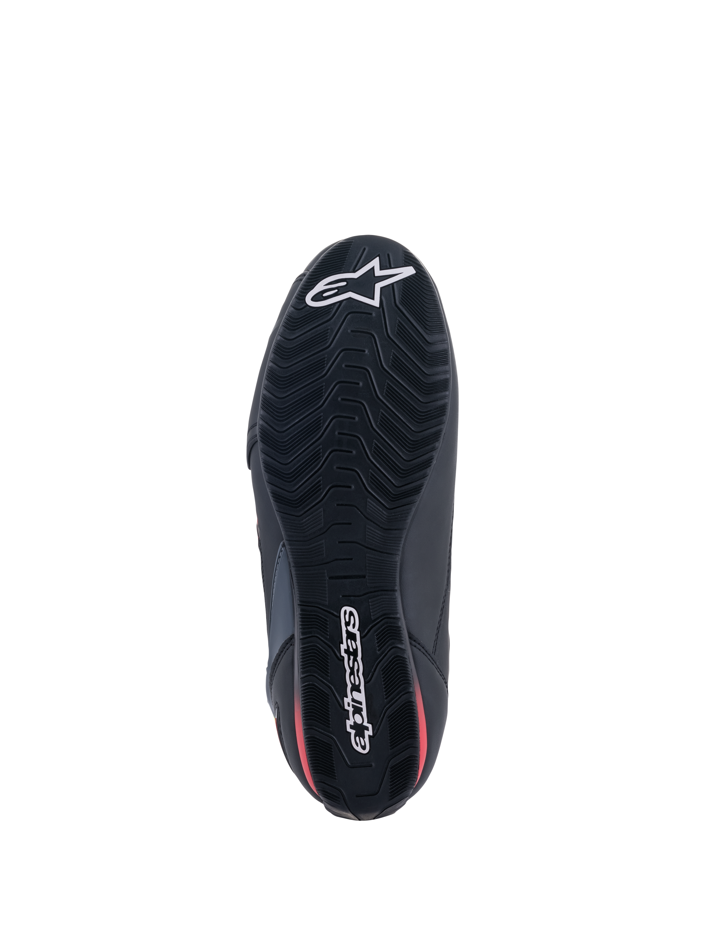 Alpinestars Faster-3 Rideknit® Schuhe, Unteransicht, schwarze Sohle mit roten Akzenten, strukturiertes Profil für Grip, weißes Alpinestars Stern-Logo an der Zehenpartie und Wortmarke an der Ferse, leichtes Motorrad-Schuhwerk