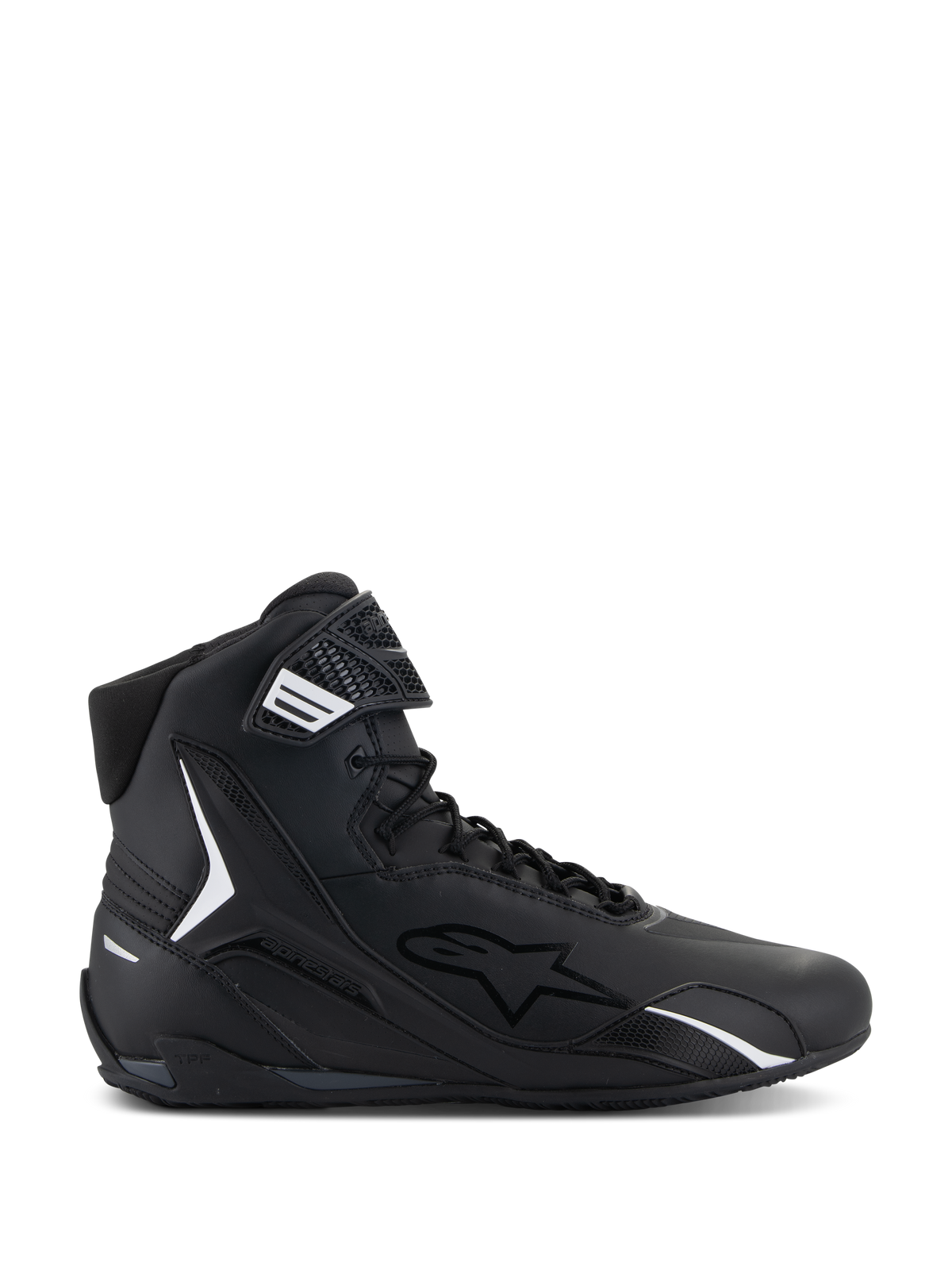 Alpinestars Faster-4 Schuhe, schwarzer High-Top Motorradschuh, Seitenansicht, schwarz mit weißen Akzenten, Schnürung mit Klettverschlussriemen, sportliches Design mit gepolstertem Kragen und TPU-Schutz