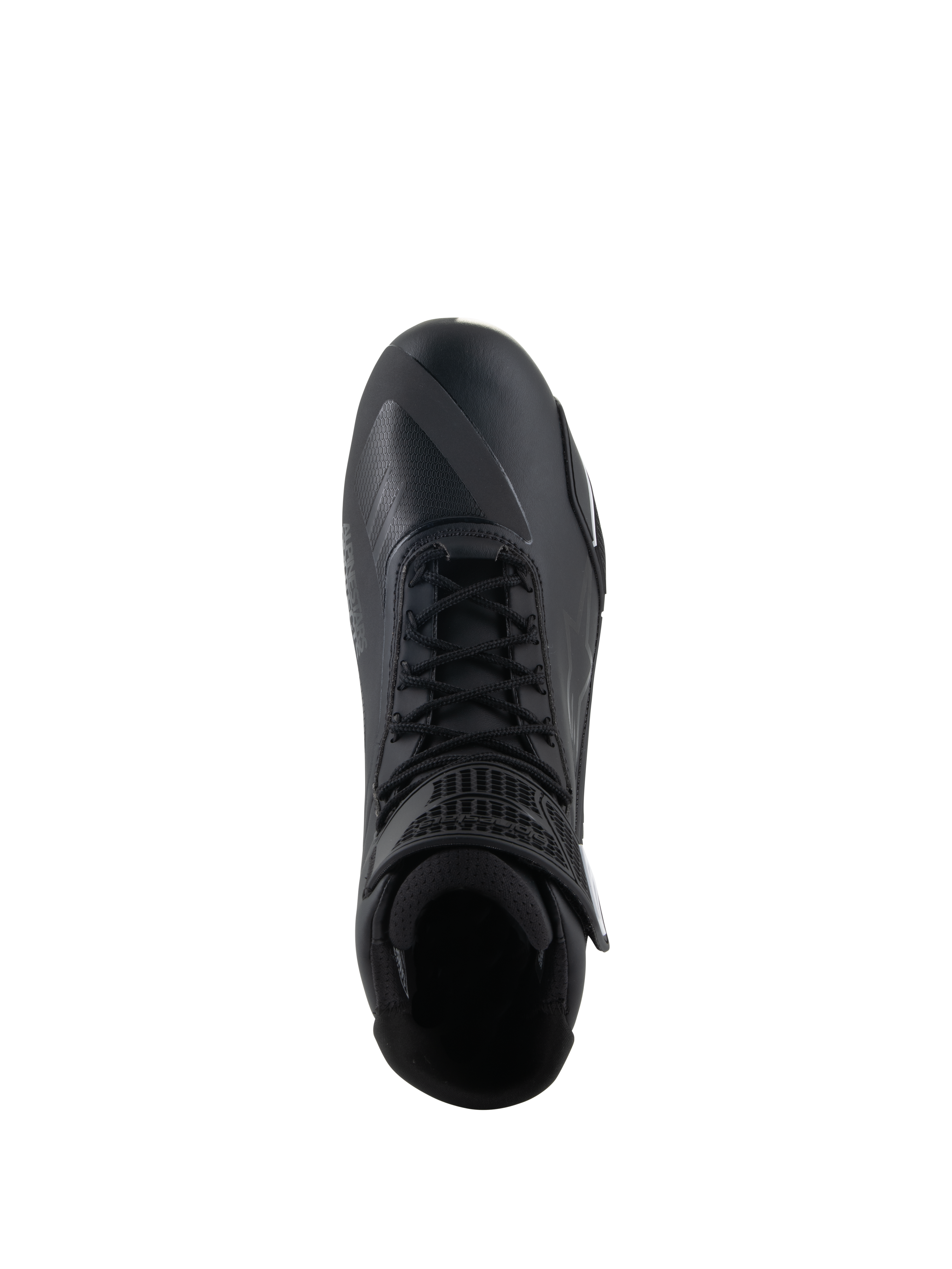Alpinestars Faster-4 Shoes, Black Motorcycle Riding Shoes, top-down view, featuring traditional lace closure, seamless microfiber upper, and padded ankle collar.
