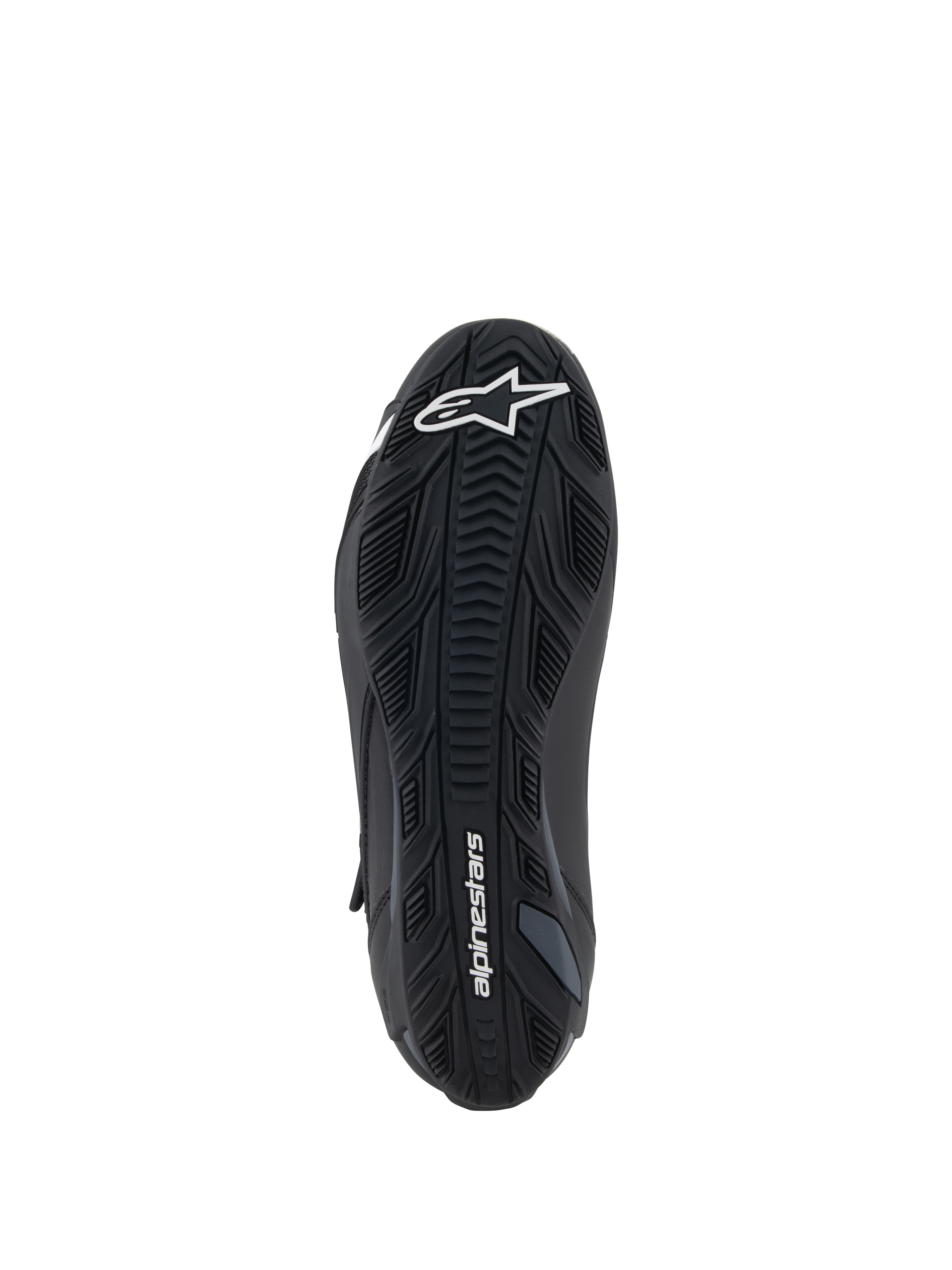 Alpinestars Faster-4 Shoes, Black, bottom view of the rubber outsole featuring textured grip patterns, white Alpinestars logo on the forefoot and branding on the heel, performance motorcycle riding shoe