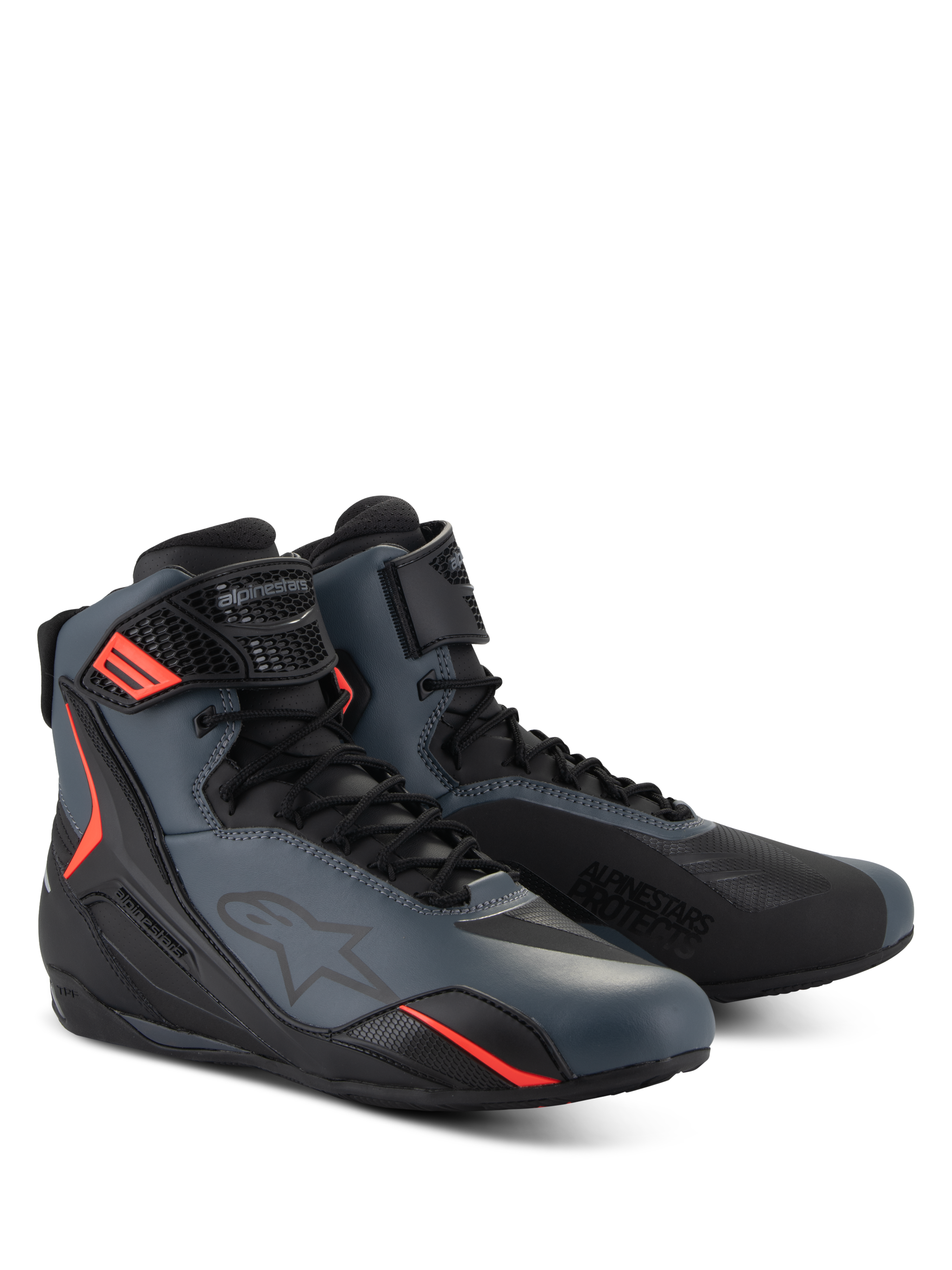 Alpinestars Faster-4 Shoes, motorcycle riding shoes, Black Gray and Red Fluo, seamless microfiber upper with protective TPU panels, lace closure with hook and loop strap, sporty aerodynamic profile for road riding