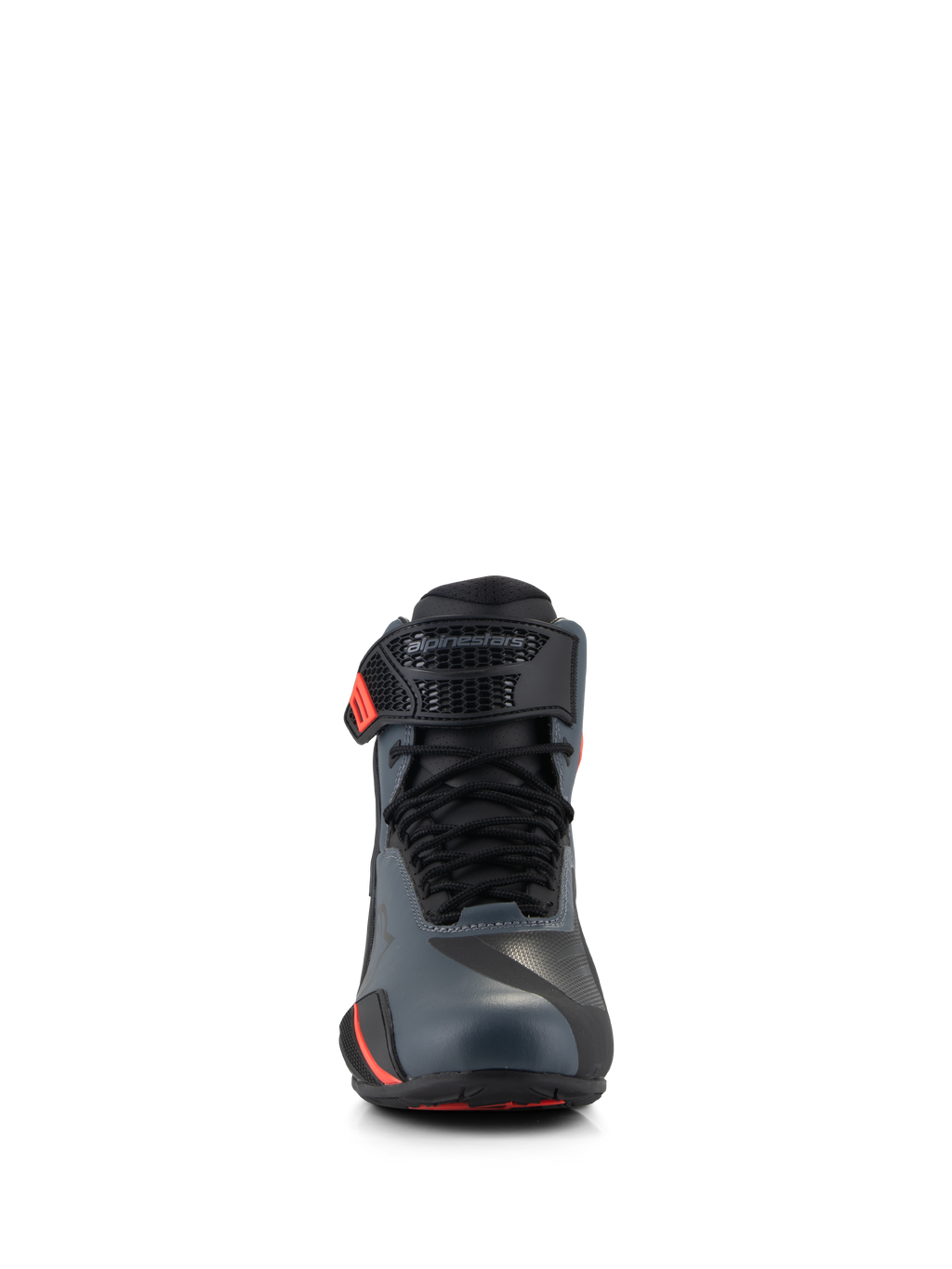 Alpinestars Faster-4 Shoes, Motorcycle Riding Shoes, Black Gray and Red Fluo, front-facing view featuring seamless microfiber upper, traditional laces, and adjustable ankle strap with Alpinestars logo