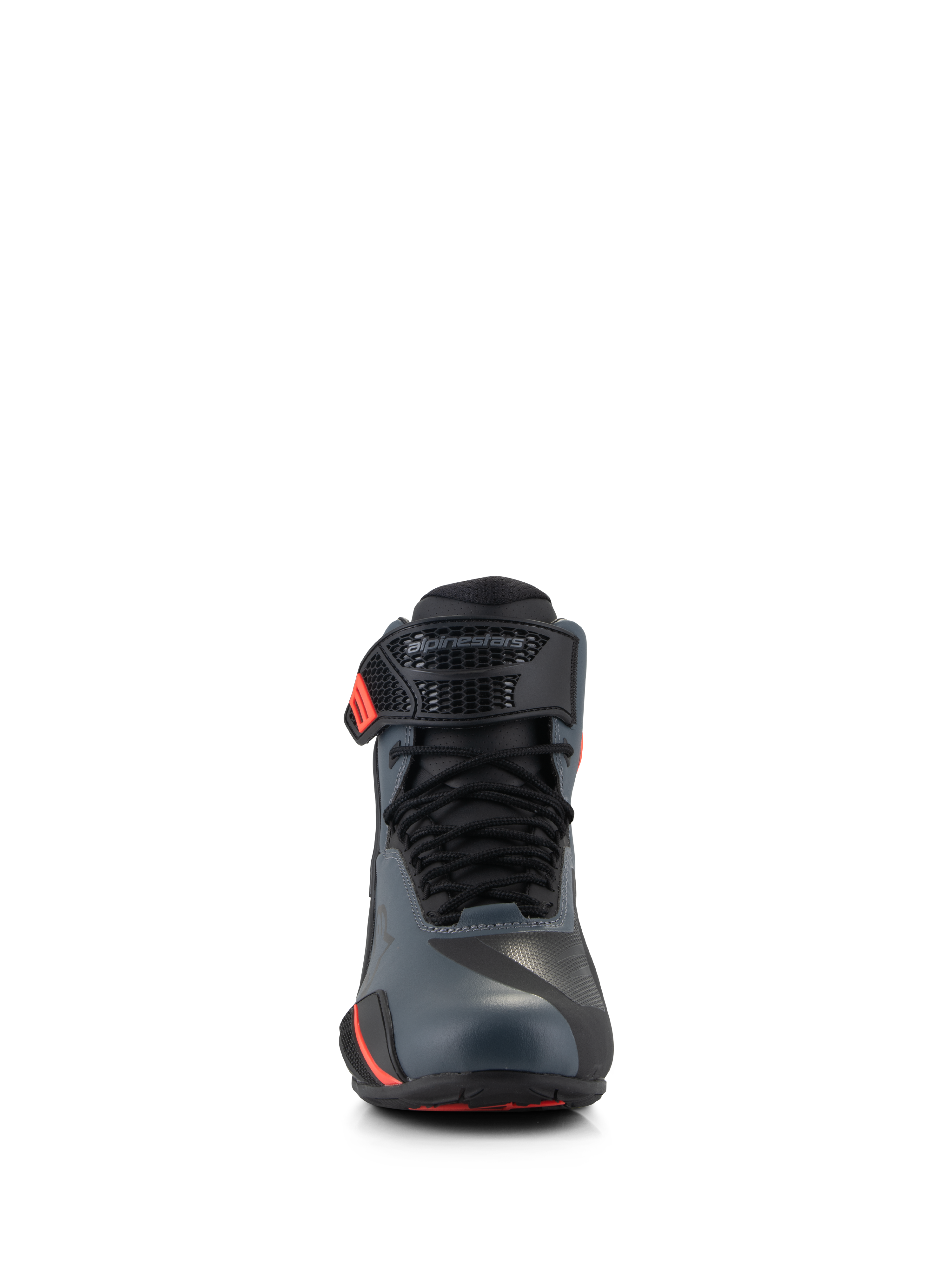 Alpinestars Faster-4 Shoes, Motorcycle Riding Shoes, Black Gray and Red Fluo, front-facing view featuring seamless microfiber upper, traditional laces, and adjustable ankle strap with Alpinestars logo