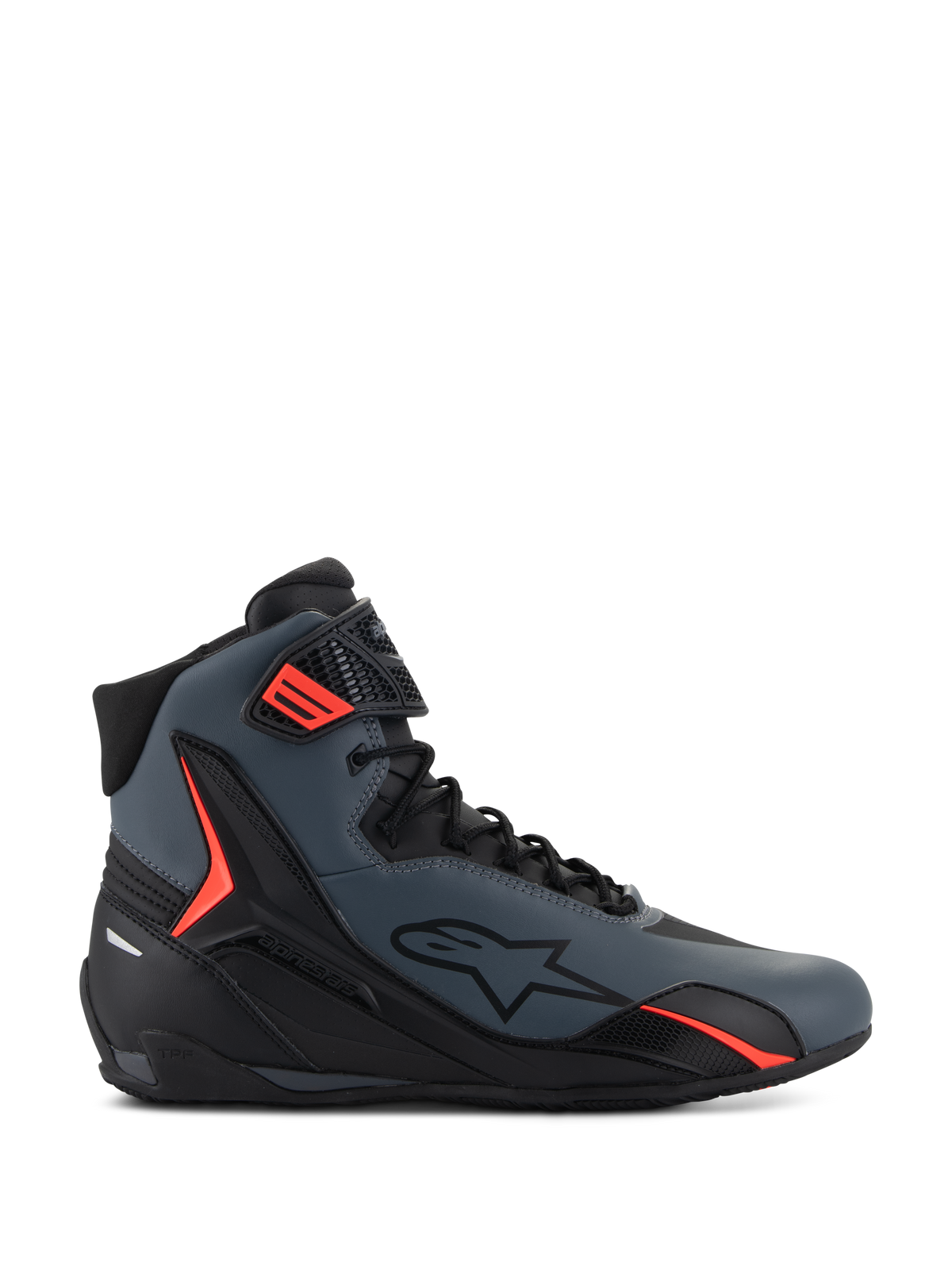 Alpinestars Faster-4 Schuhe, High-Top-Motorradschuhe, Dunkelgrau und Schwarz mit leuchtend roten Akzenten, elegantes Mikrofaser-Obermaterial, seitliches Stern-Logo, sicheres Schnürsystem mit verstellbarem Knöchelriemen