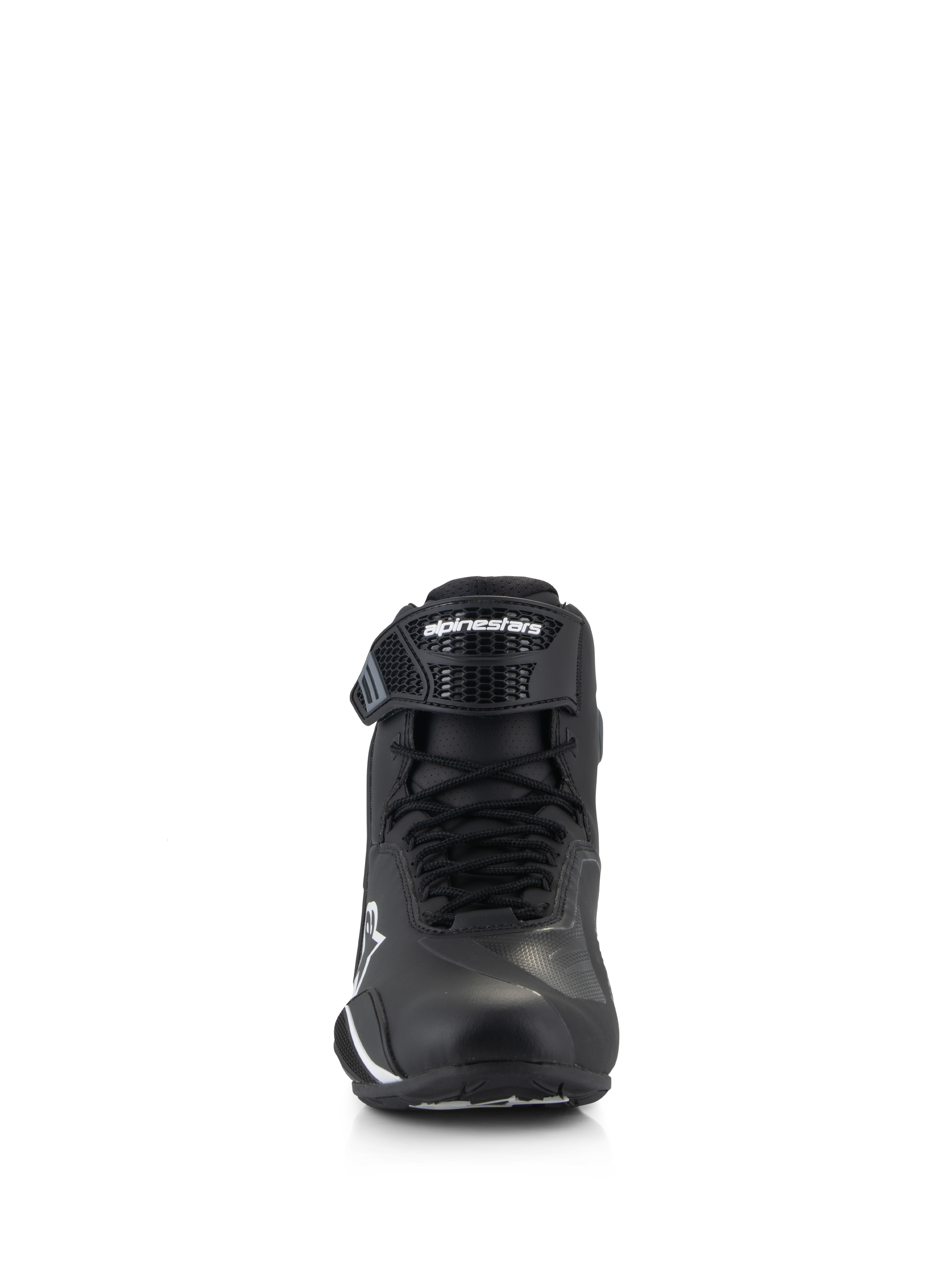 Alpinestars Faster-4 Shoes, Motorcycle Riding Shoes, Black and White, front-facing view showing lace closure and adjustable TPR ankle strap with Alpinestars logo, sleek and protective design for road riding
