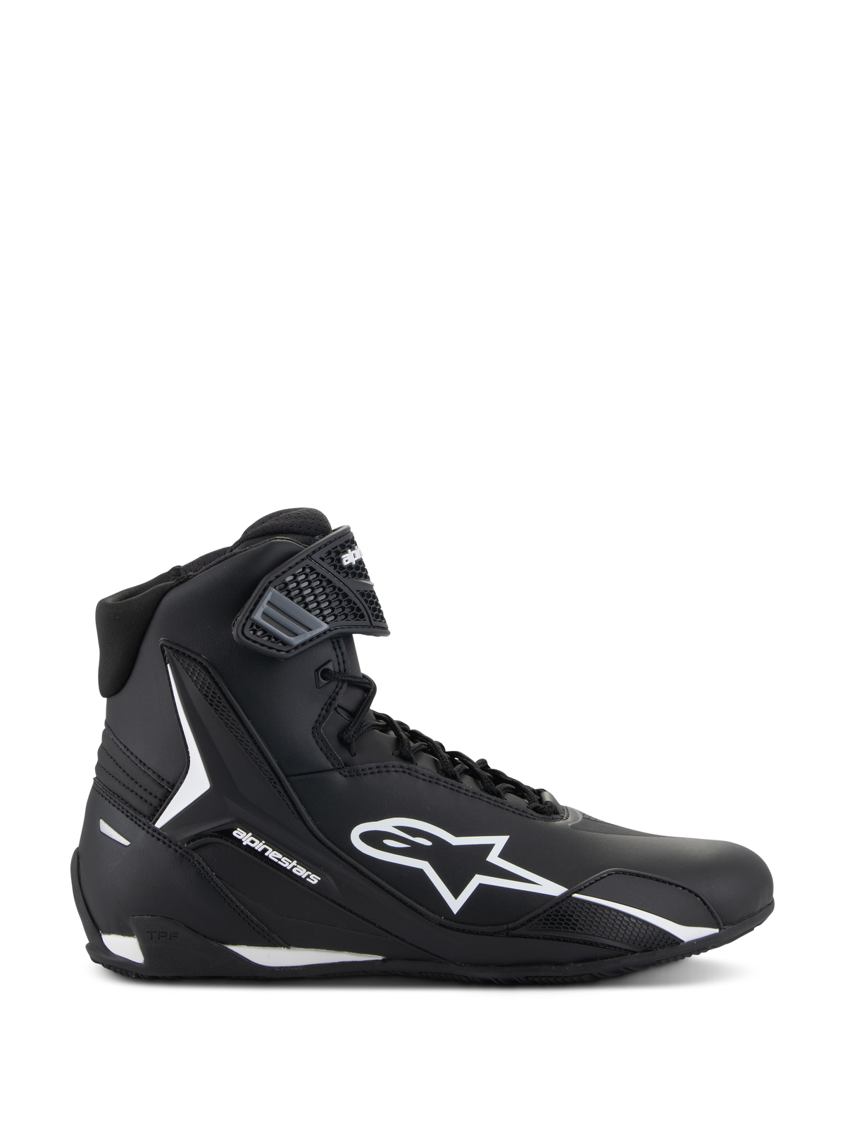 Alpinestars Faster-4 Schuhe, Schwarz-weiße Motorradschuhe, Seitenansicht des High-Top-Designs mit weißem Stern-Logo, strukturierter Knöchelriemen, Schnürverschluss, schlankes Mikrofaser-Obermaterial, vom Rennsport inspiriertes Performance-Schuhwerk