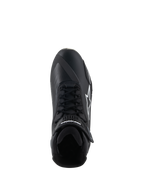 Alpinestars Faster-4 Shoes, Motorcycle Riding Shoes, Black and White, top-down view showing lace-up closure, hook-and-loop ankle strap, and white Alpinestars logo on the side