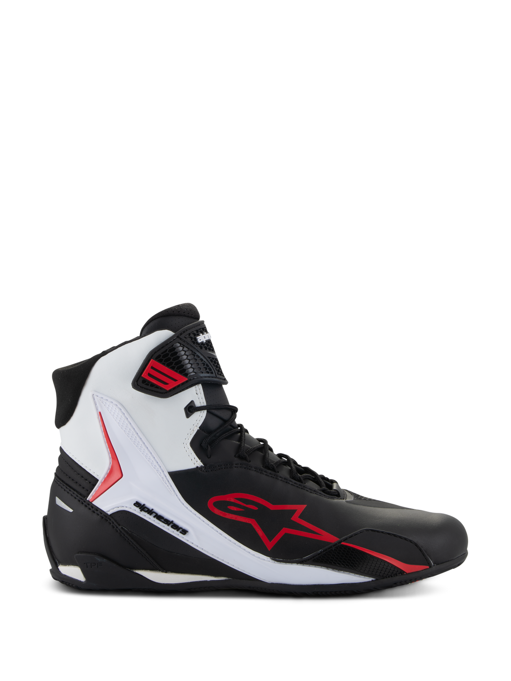 Alpinestars Faster-4 Schuhe, High-Top Motorradschuhe, Schwarz, Weiß und Rot, mit großem rotem Stern-Logo, weißem Seitenpanel mit Alpinestars-Branding und sportlichem Design für Straßenfahrten