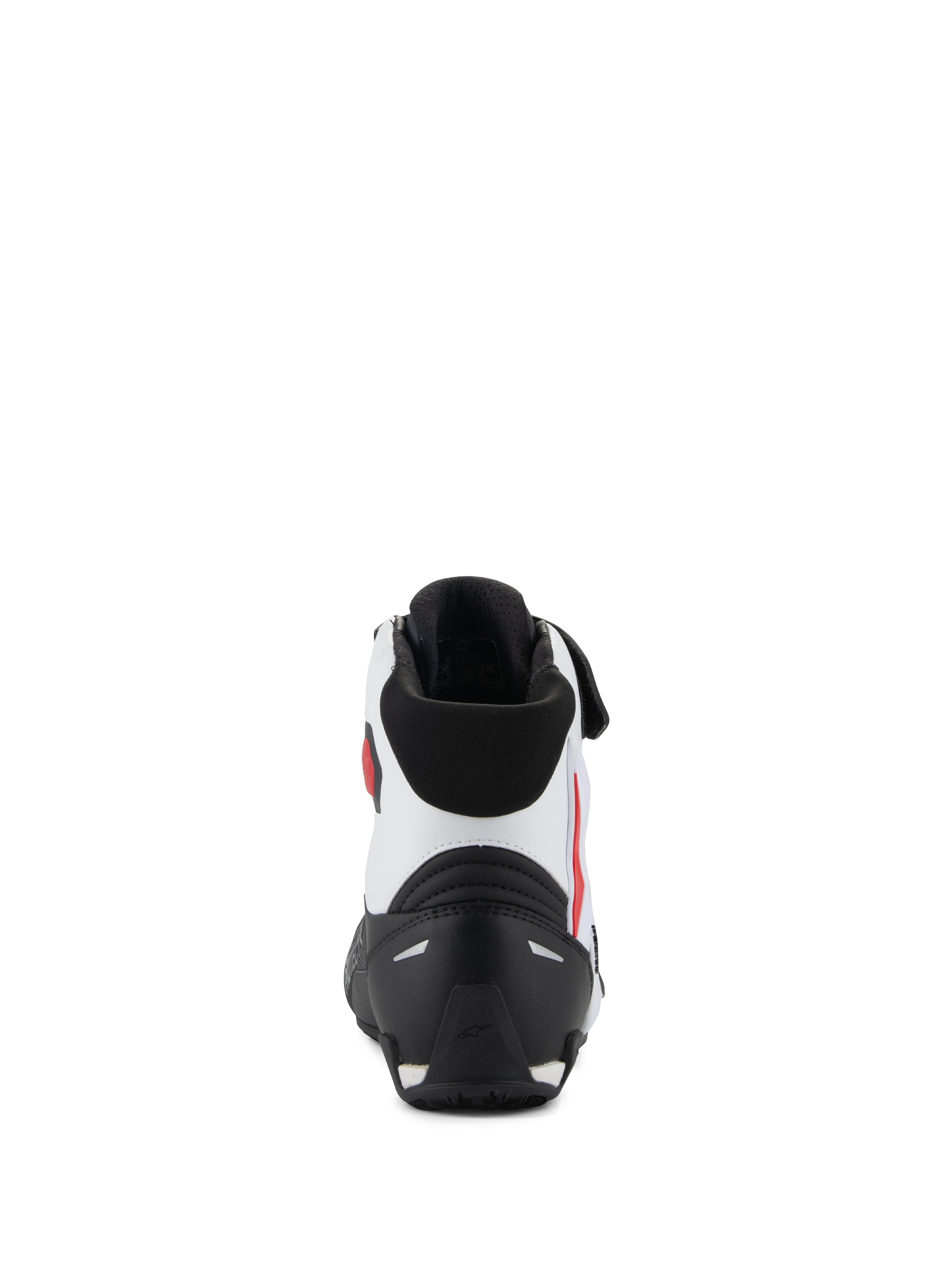 Alpinestars Faster-4 Schuhe, Rückansicht, Schwarz, Weiß und Rot, mit schwarzer TPR-Fersenkappe, weißem Mikrofaser-Obermaterial mit roten Akzenten und schwarzem gepolstertem Kragen, Performance-Motorradschuhe