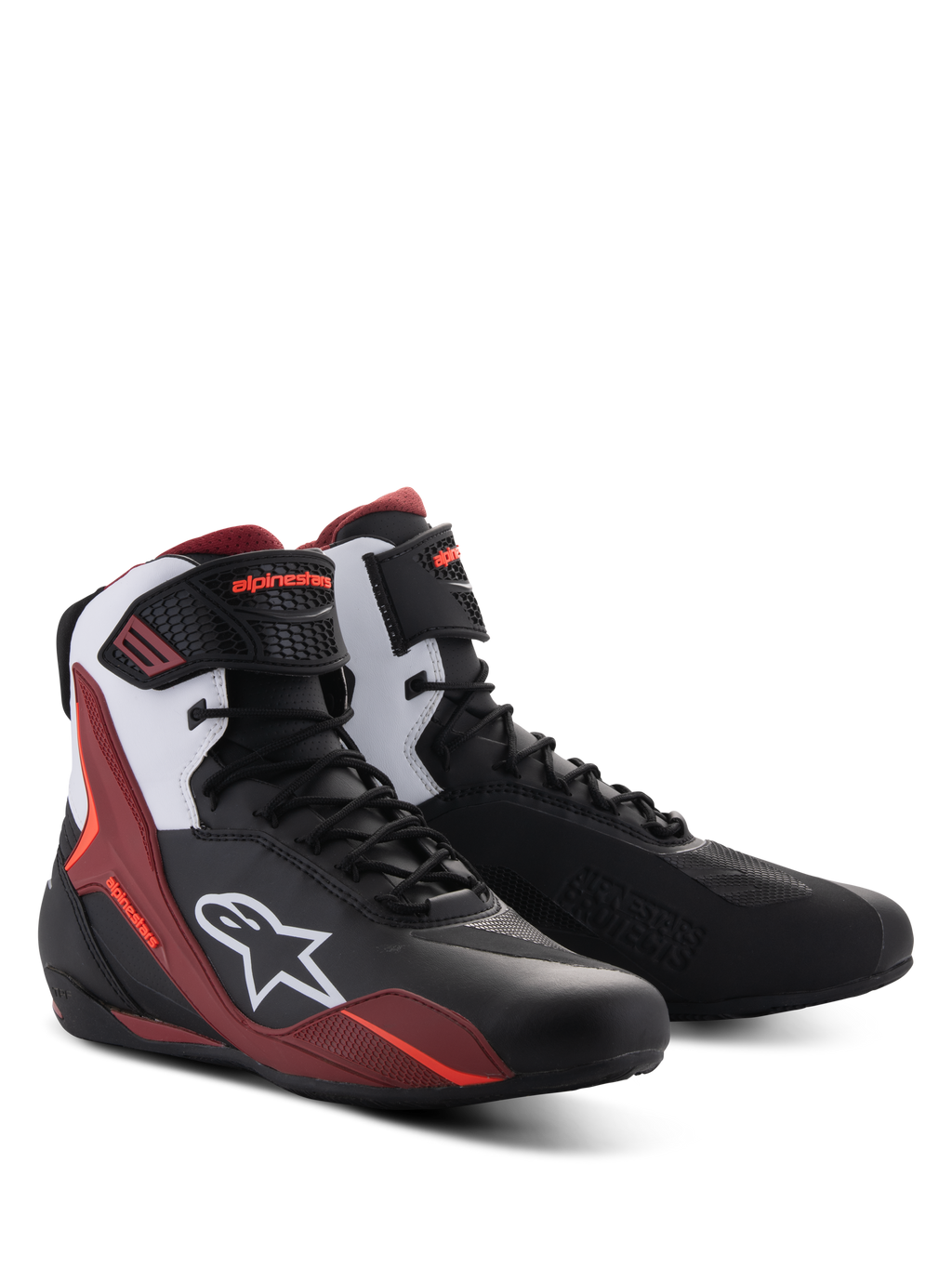 Alpinestars Faster-4 Schuhe, Motorradschuhe, Schwarz, Weiß und Dunkelrot, mit Schnürverschluss und Knöchelriemen, weißem Alpinestars-Logo an der Seite, sportliches Design mit verstärktem Schutz für den Straßeneinsatz