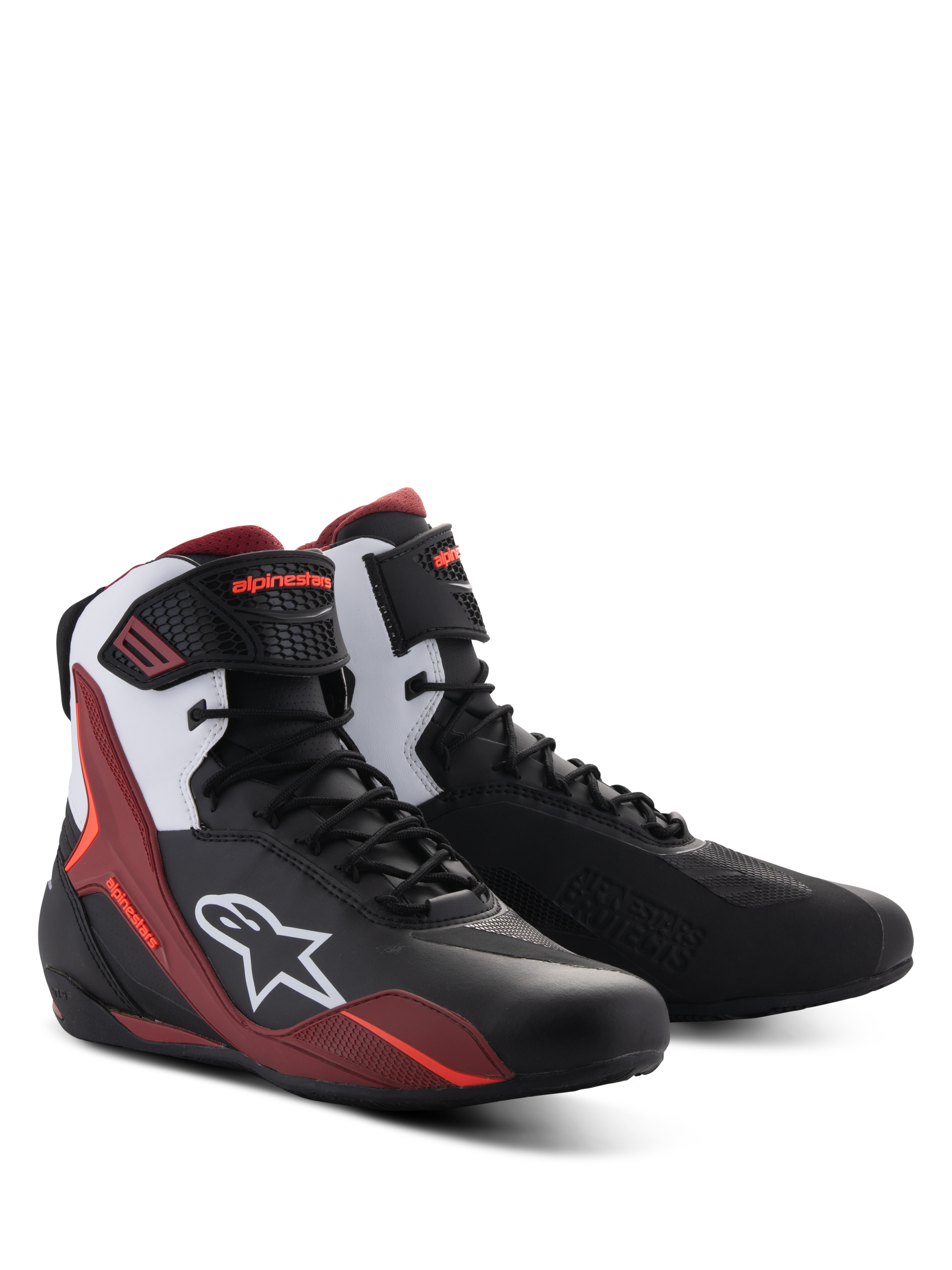 Alpinestars Faster-4 Schuhe, Motorradschuhe, Schwarz, Weiß und Dunkelrot, mit Schnürverschluss und Knöchelriemen, weißem Alpinestars-Logo an der Seite, sportliches Design mit verstärktem Schutz für den Straßeneinsatz