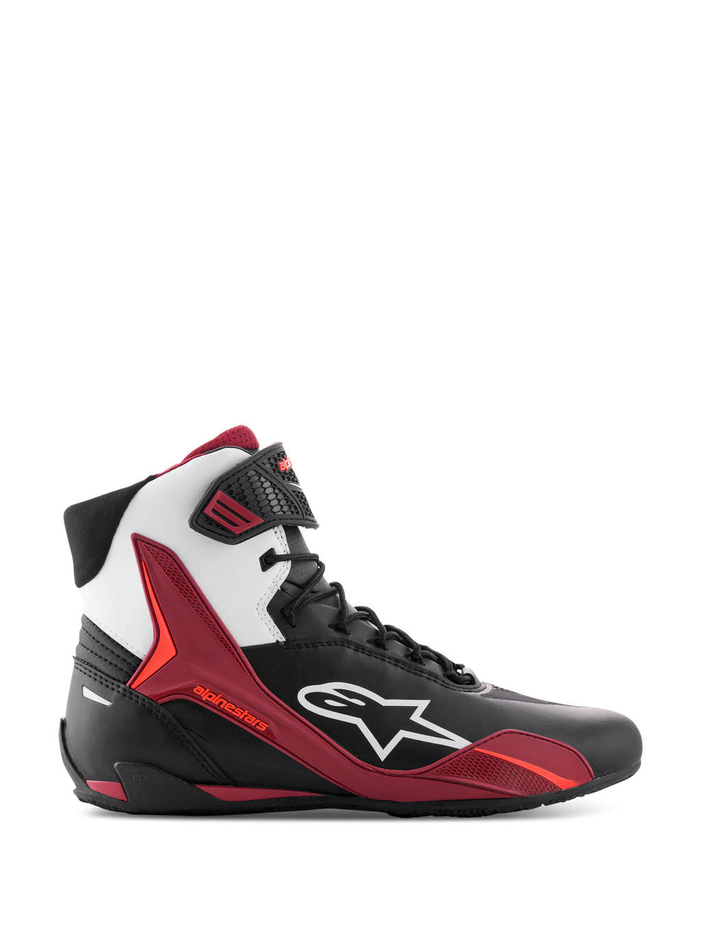 Alpinestars Faster-4 Schuhe, High-Top-Motorradschuhe, Schwarz, Weiß und Dunkelrot, Seitenansicht mit weißem Alpinestars-Logo und roten TPU-Stützpaneelen, Schnürdesign im sportlichen Rennstil, strapazierfähige Mikrofaser-Konstruktion.