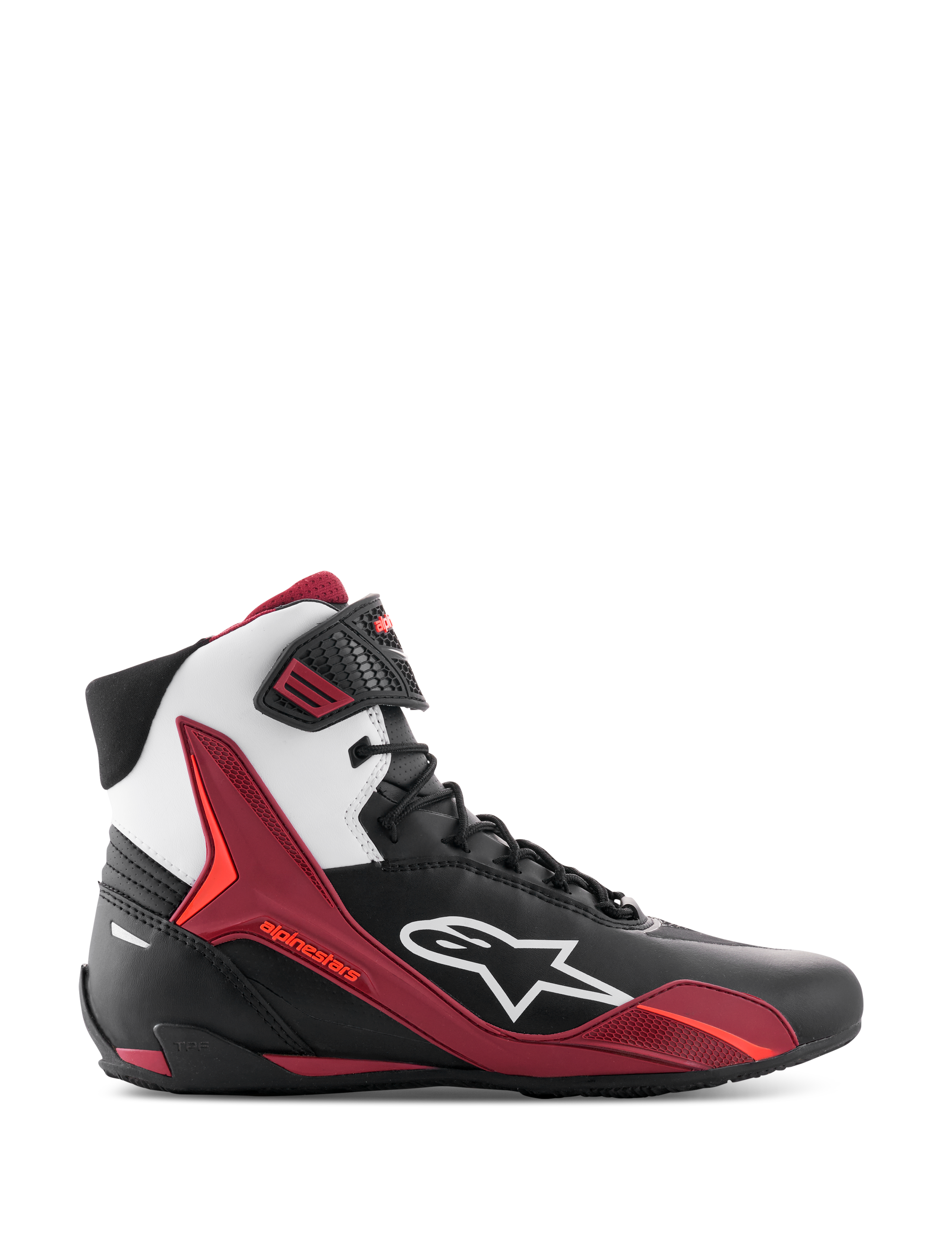 Alpinestars Faster-4 Schuhe, High-Top-Motorradschuhe, Schwarz, Weiß und Dunkelrot, Seitenansicht mit weißem Alpinestars-Logo und roten TPU-Stützpaneelen, Schnürdesign im sportlichen Rennstil, strapazierfähige Mikrofaser-Konstruktion.