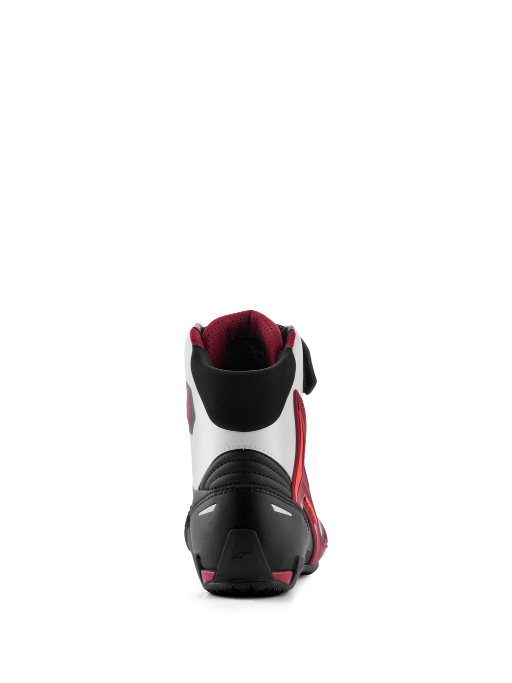 Alpinestars Faster-4 Schuhe, Motorradschuhe, Schwarz, Weiß und Dunkelrot, Rückansicht mit verstärkter Fersenkappe, TPU-Knöchelunterstützung und weichem Textilkragen, Performance-Schuhwerk für Straßenfahrten