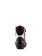 Alpinestars Faster-4 Schuhe, Motorradschuhe, Schwarz, Weiß und Dunkelrot, Rückansicht mit verstärkter Fersenkappe, TPU-Knöchelunterstützung und weichem Textilkragen, Performance-Schuhwerk für Straßenfahrten