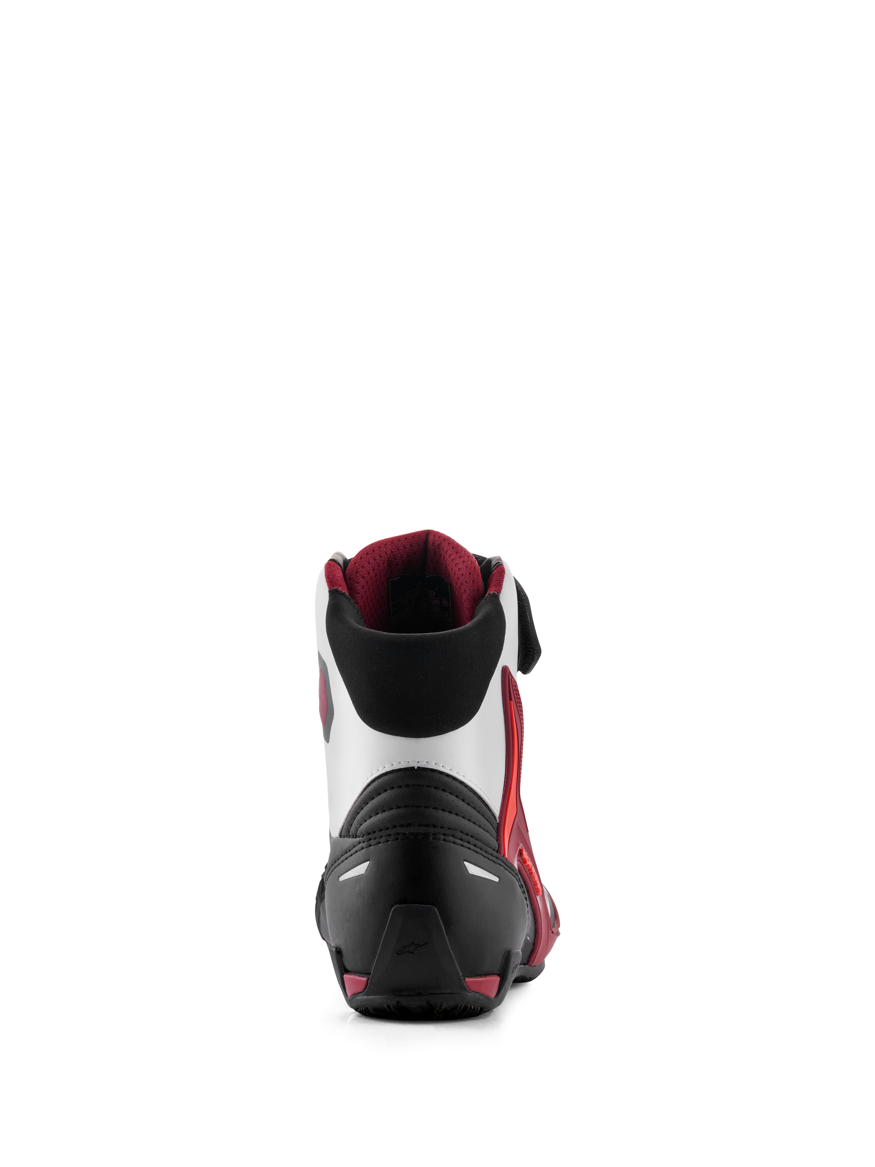 Alpinestars Faster-4 Schuhe, Motorradschuhe, Schwarz, Weiß und Dunkelrot, Rückansicht mit verstärkter Fersenkappe, TPU-Knöchelunterstützung und weichem Textilkragen, Performance-Schuhwerk für Straßenfahrten