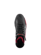 Alpinestars Faster-4 Schuhe, Motorradschuhe, Schwarz, Weiß und Dunkelrot, Draufsicht mit traditionellem Schnürsystem, weißem Alpinestars Stern-Logo und dunkelrotem, gepolstertem Innenfutter